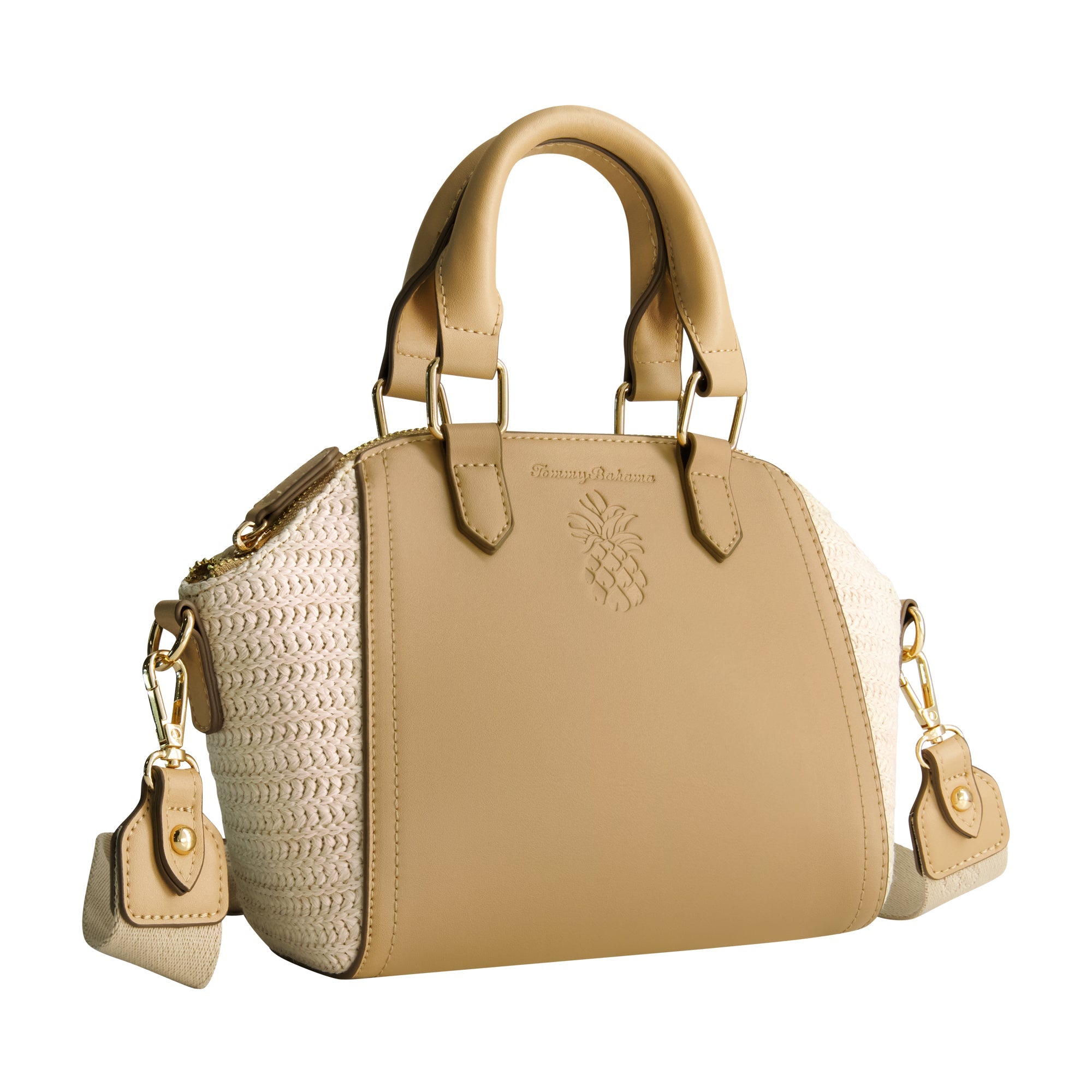 Tommy Bahama Mini Satchel With Debossed Logo And Straw Accents, Tan