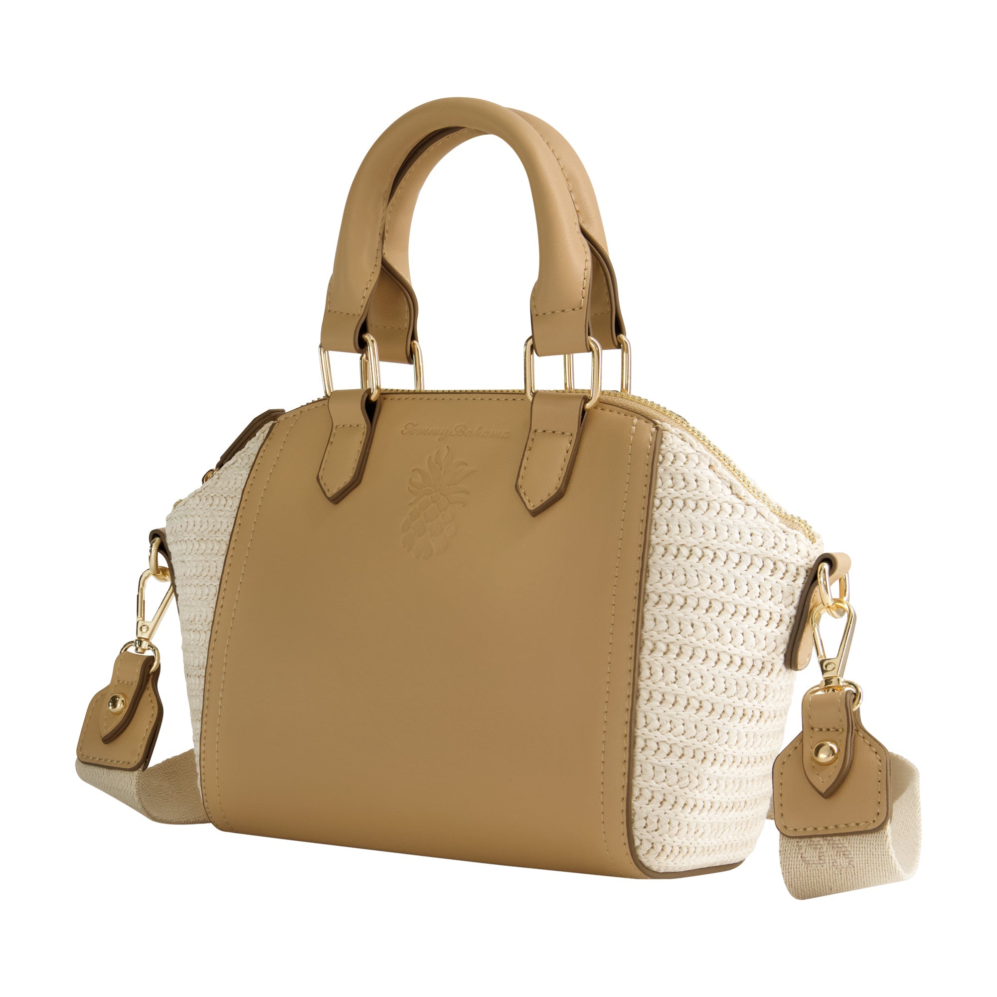 Tommy Bahama Mini Satchel With Debossed Logo And Straw Accents, Tan
