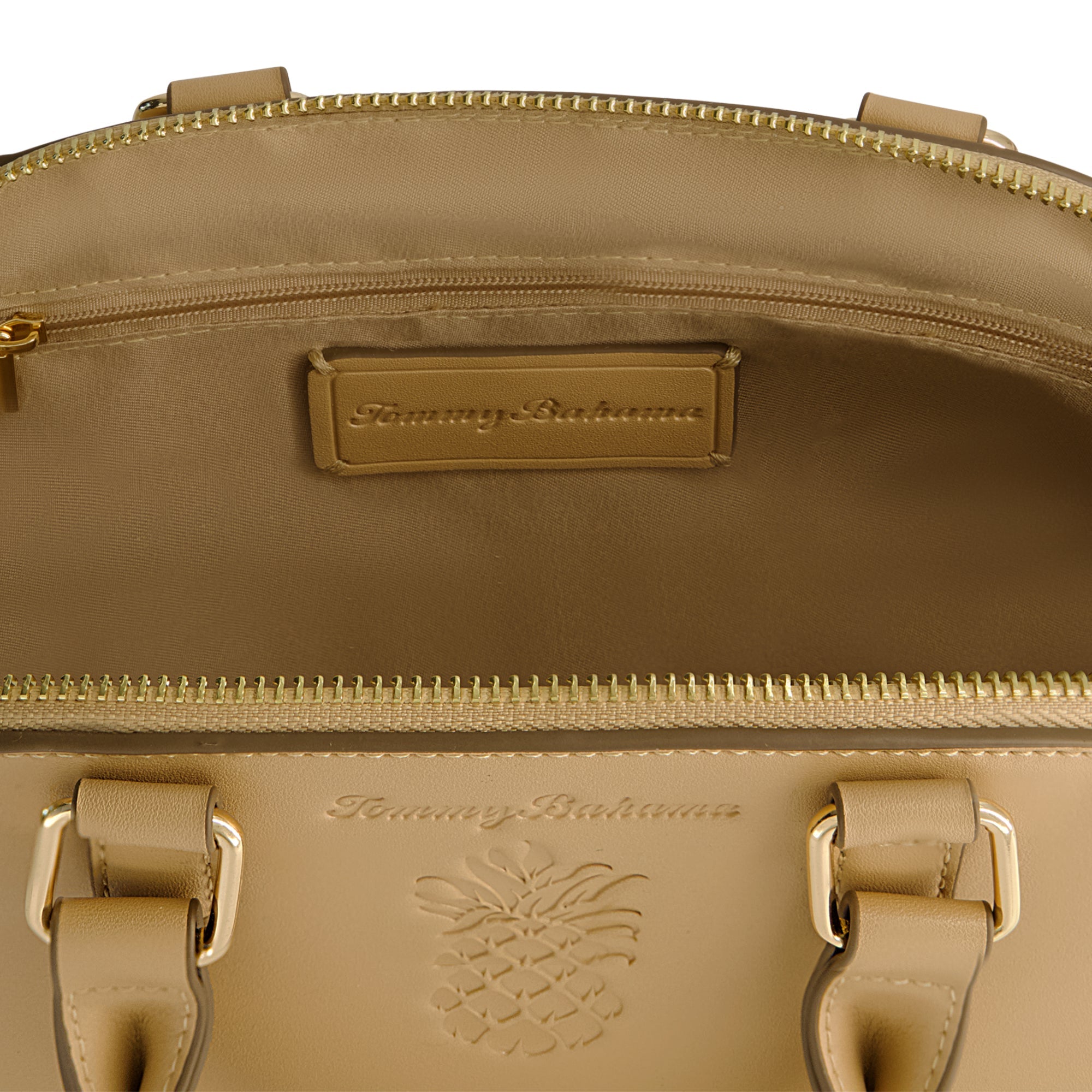 Tommy Bahama Mini Satchel With Debossed Logo And Straw Accents, Tan