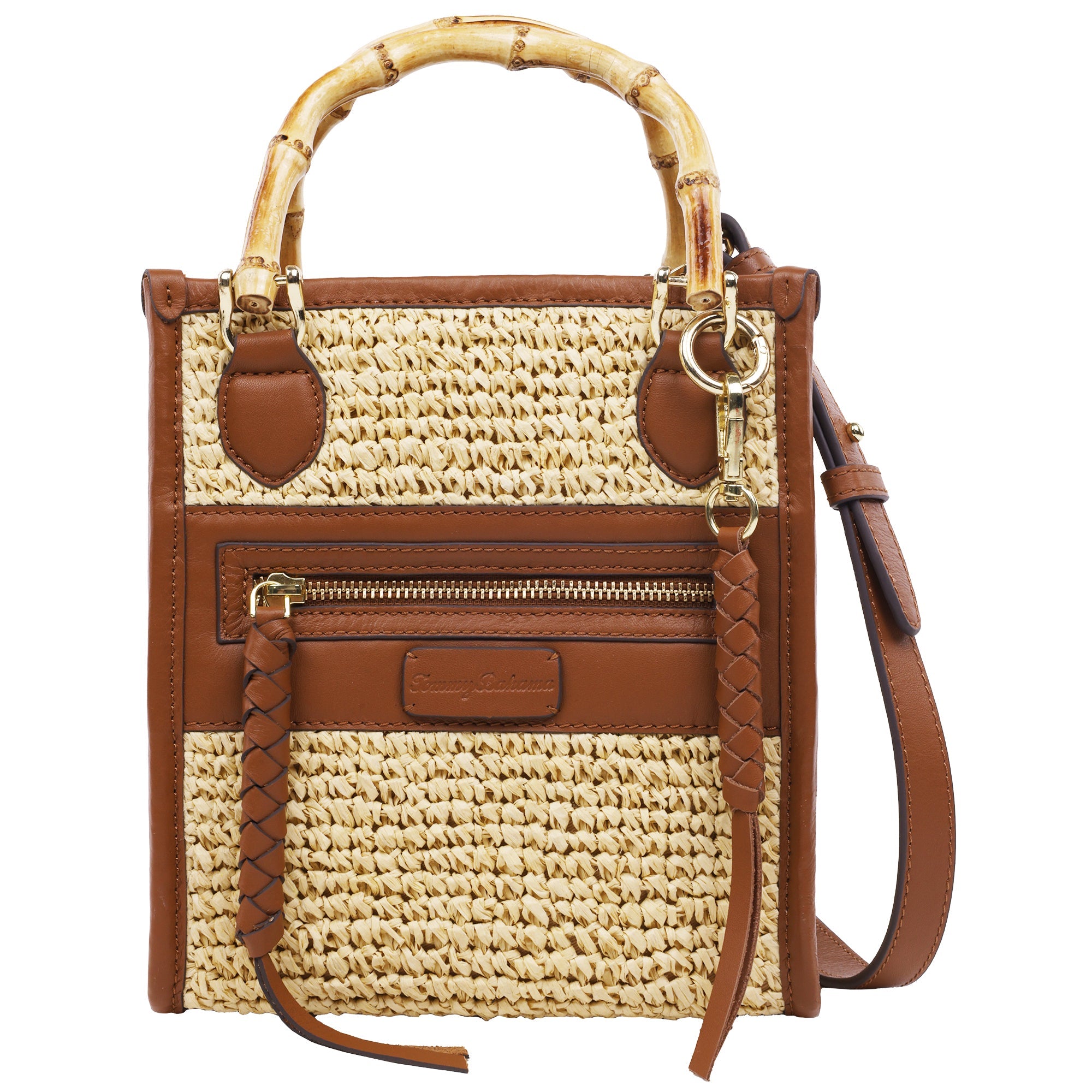Tommy Bahama Leather And Raffia Bamboo Handle Tote