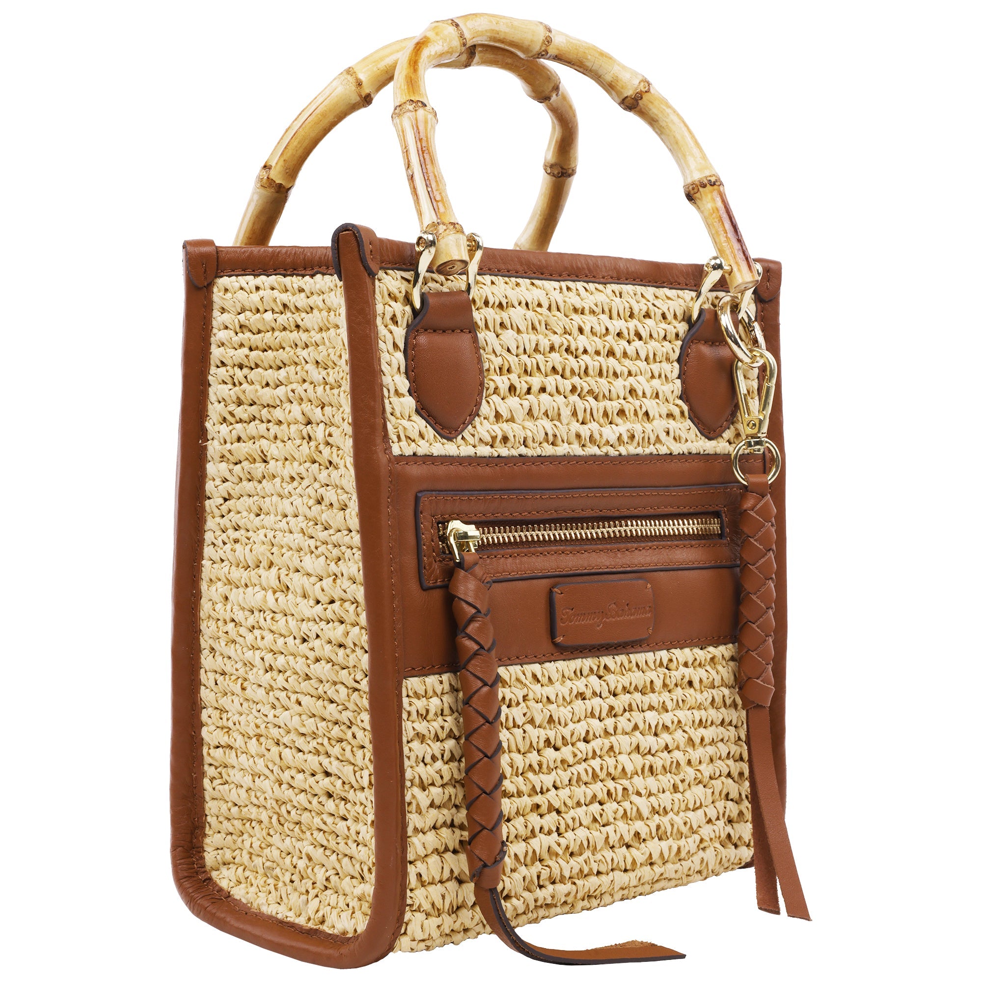 Tommy Bahama Leather And Raffia Bamboo Handle Tote