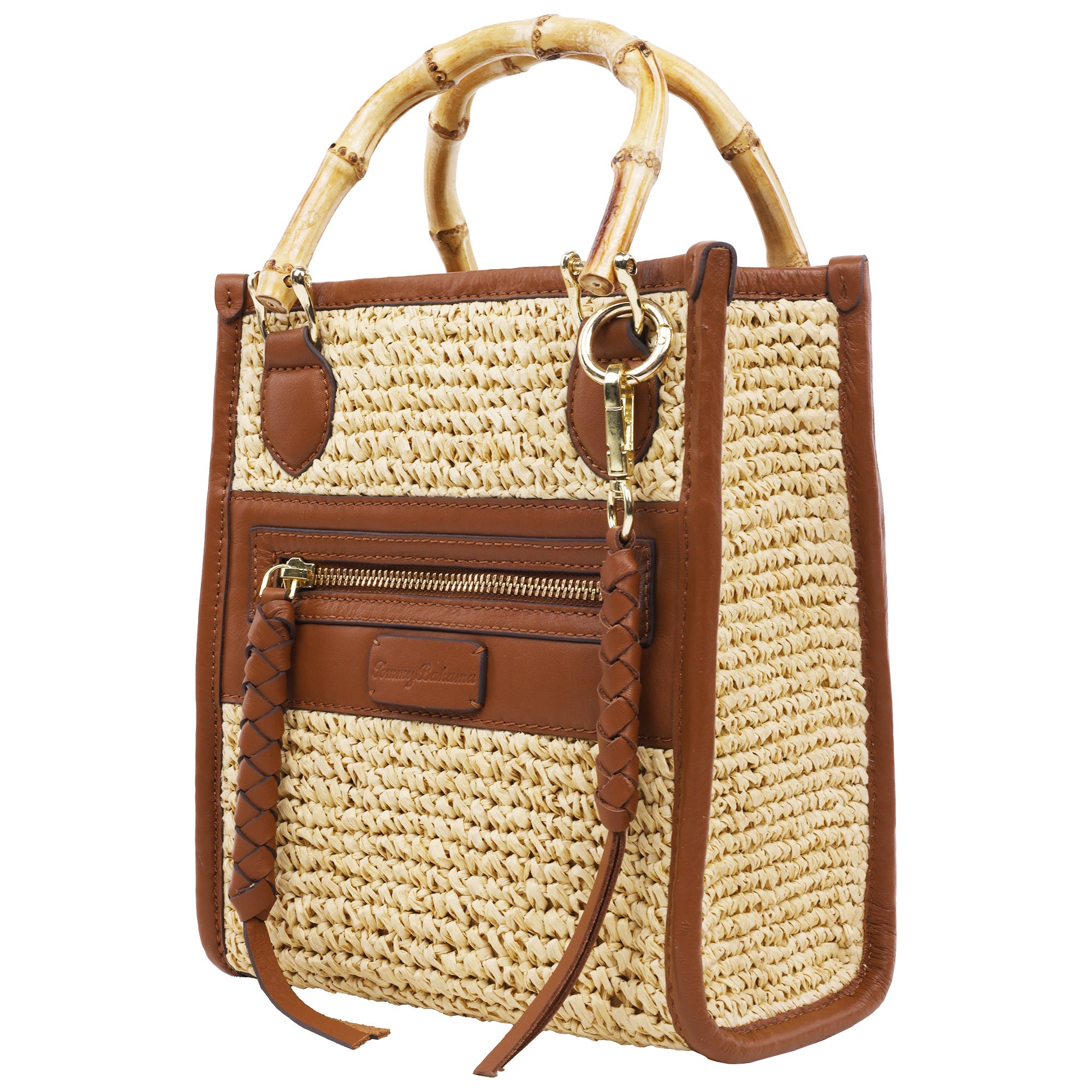 Tommy Bahama Leather And Raffia Bamboo Handle Tote