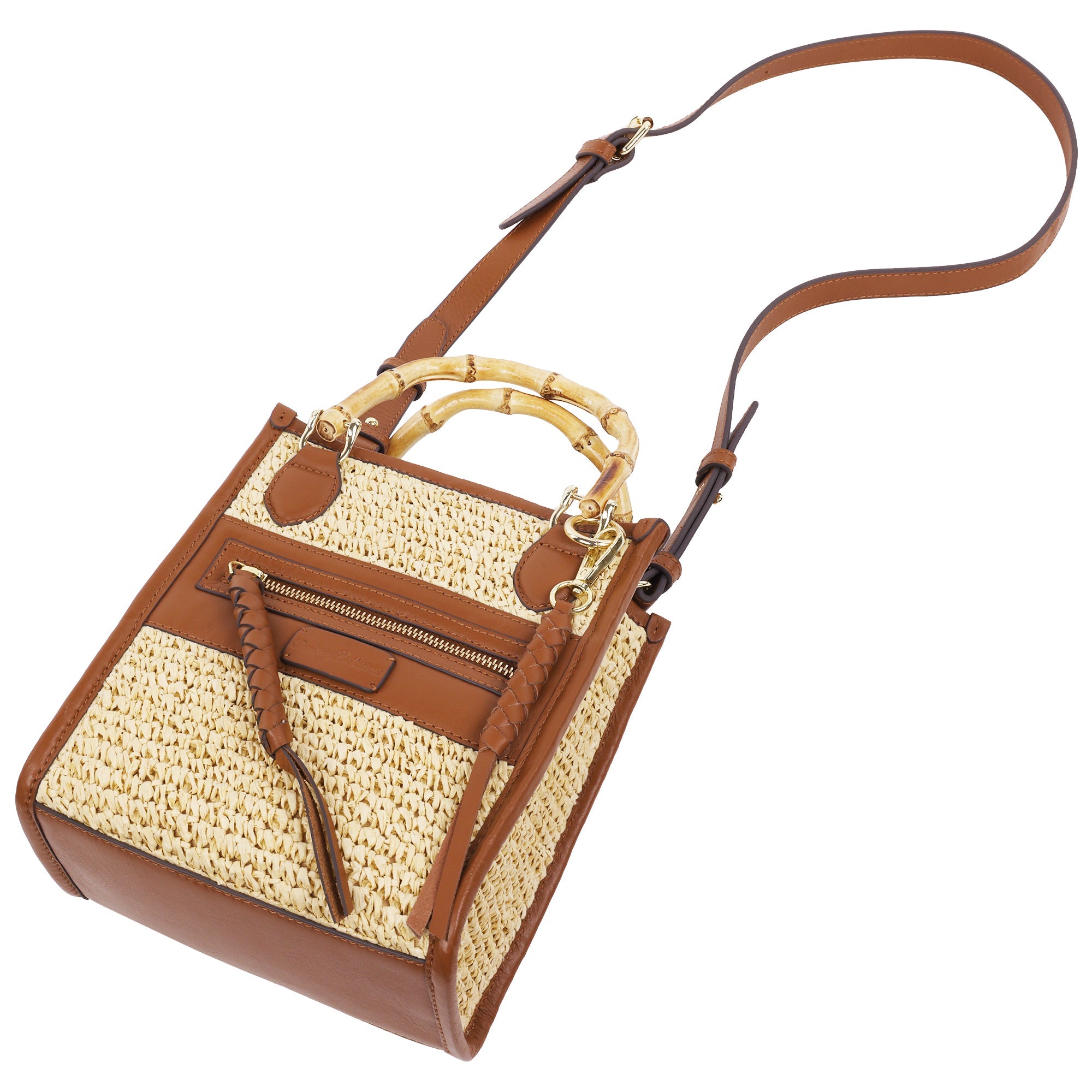 Tommy Bahama Leather And Raffia Bamboo Handle Tote