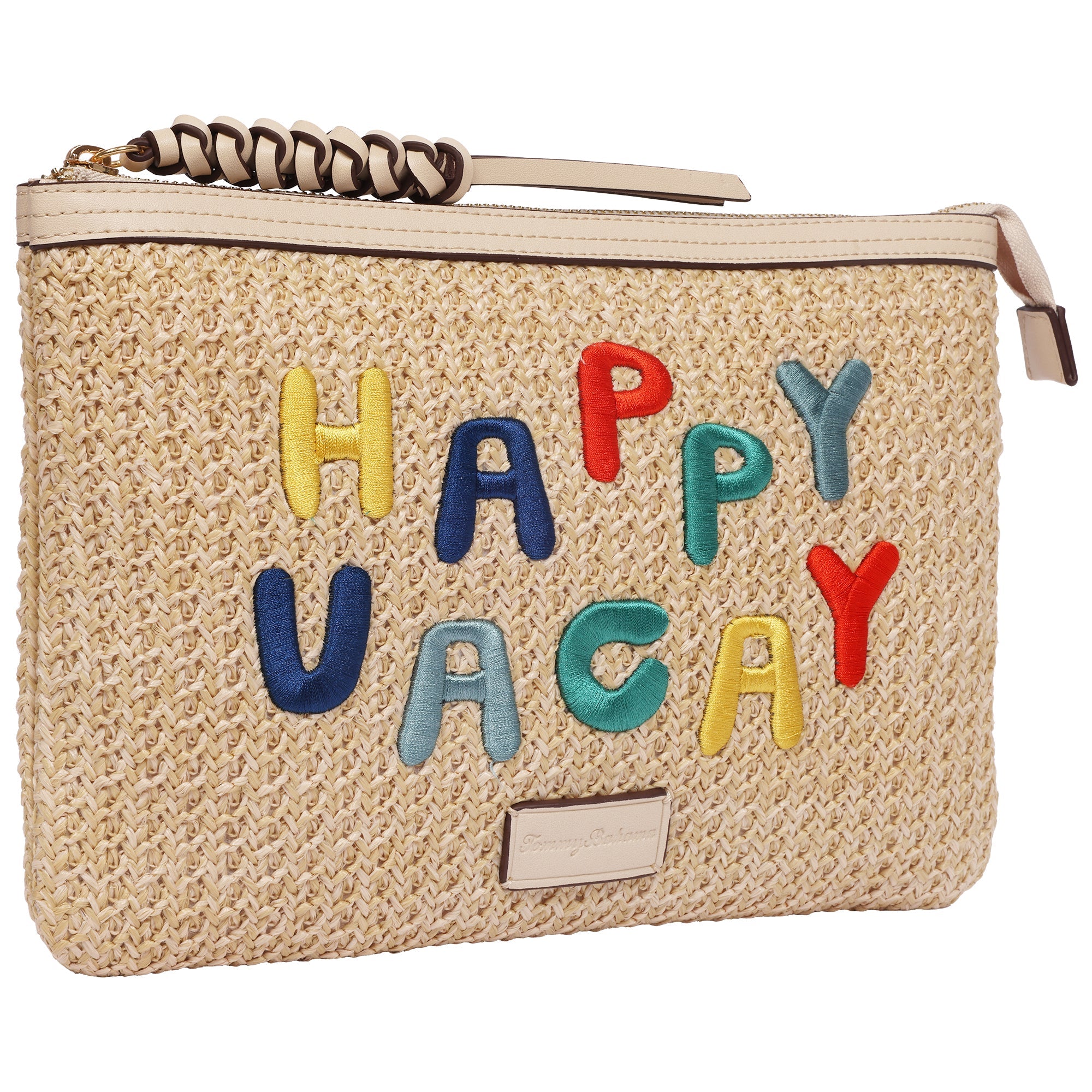 Tommy Bahama Happy Vacay Raffia Clutch – Woven Straw Zip Pouch With Embroidered Lettering