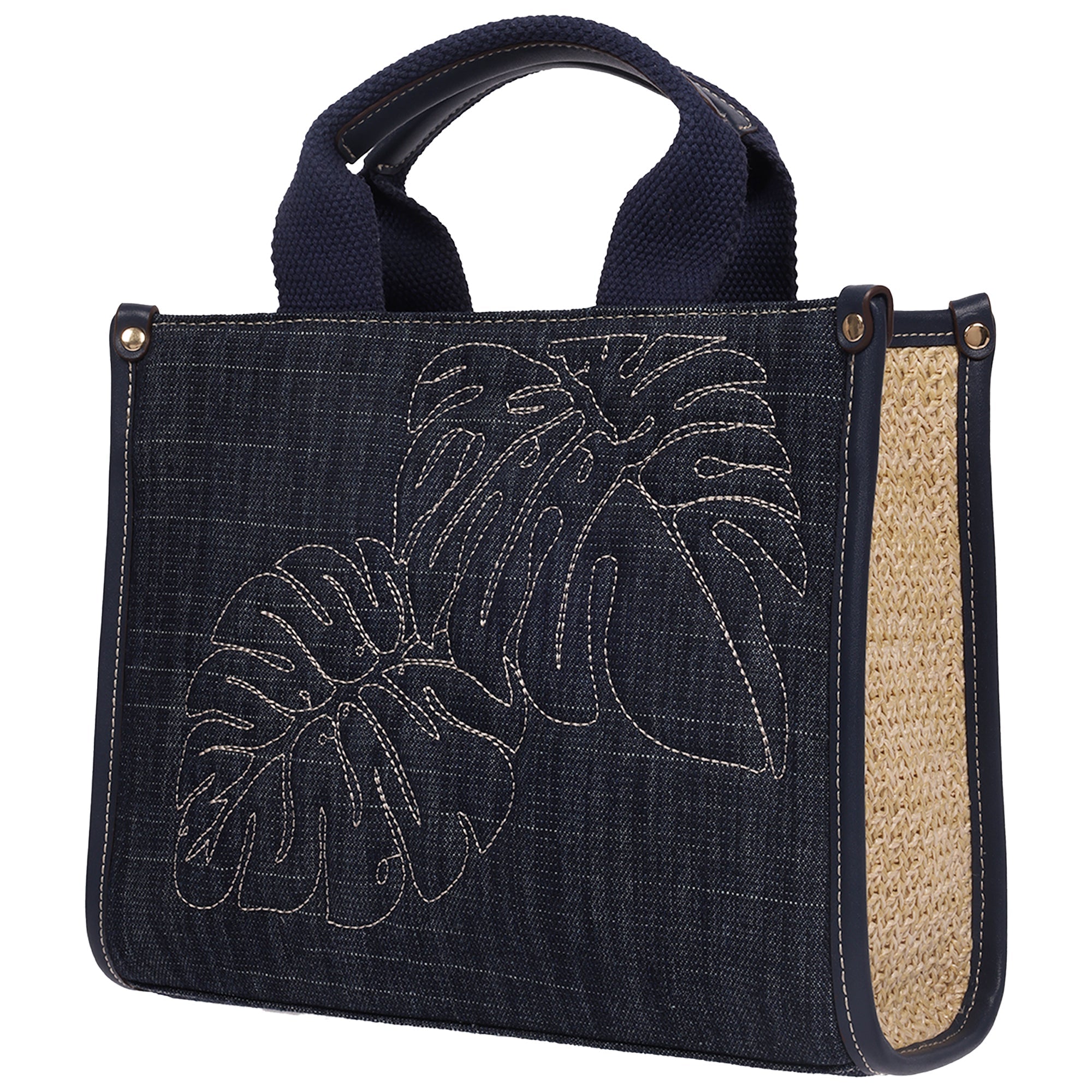 Tommy Bahama Dorothy Medium Denim Tote – Embroidered Leaf Convertible Top Handle & Crossbody Bag