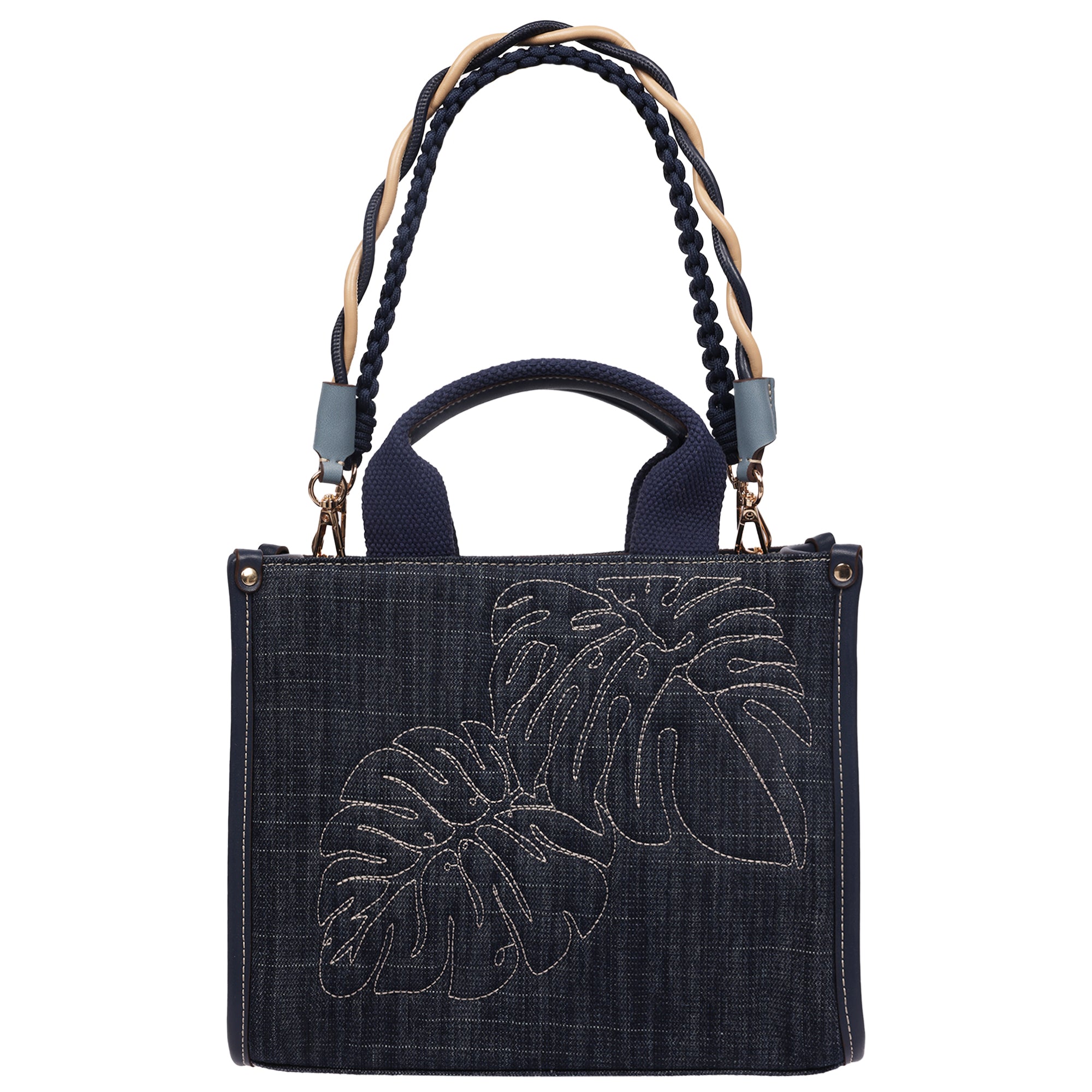 Tommy Bahama Dorothy Medium Denim Tote – Embroidered Leaf Convertible Top Handle & Crossbody Bag
