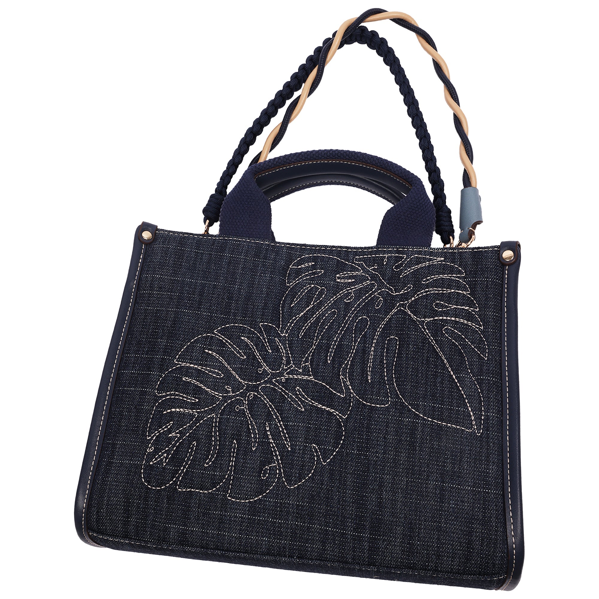 Tommy Bahama Dorothy Medium Denim Tote – Embroidered Leaf Convertible Top Handle & Crossbody Bag