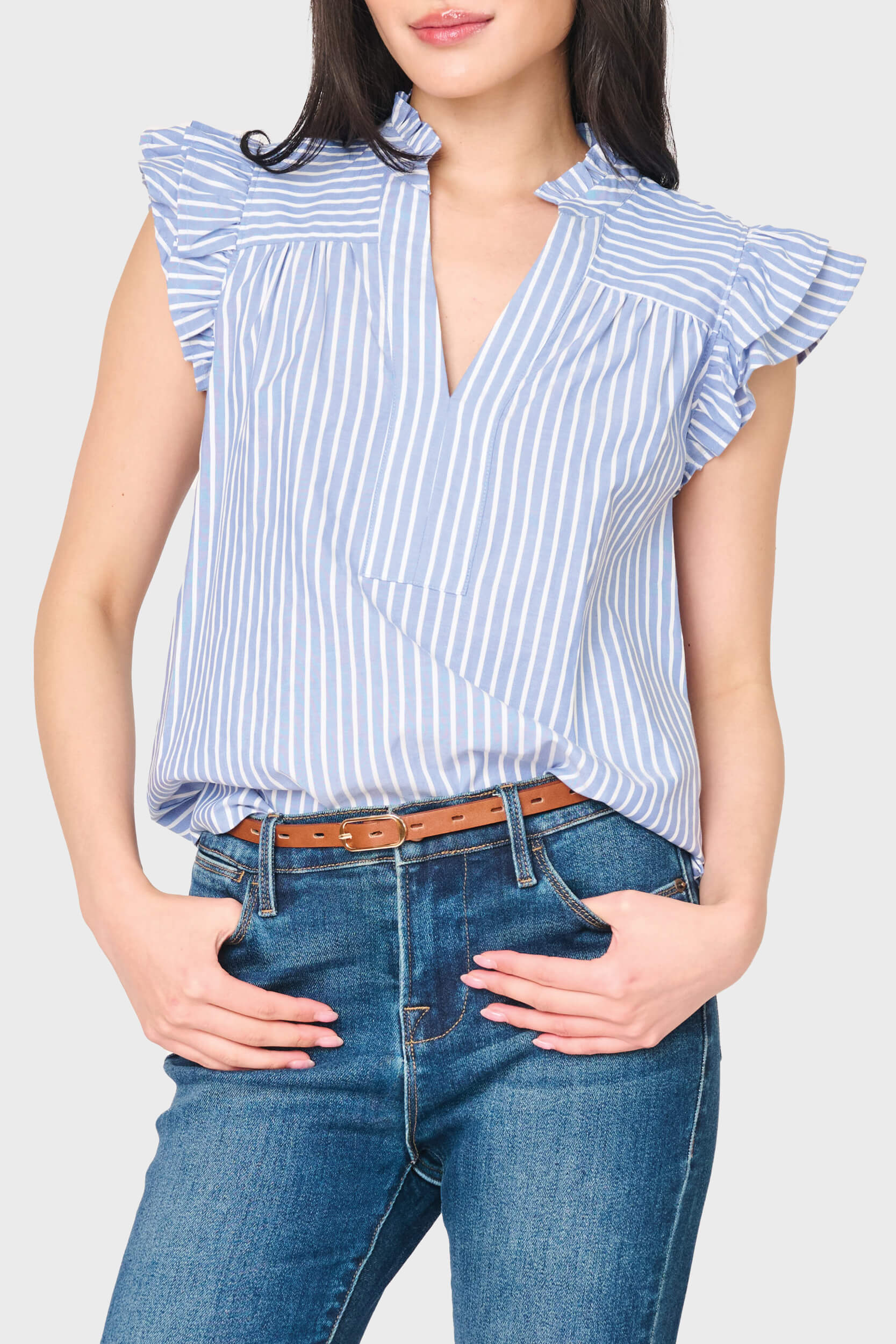 Flutter Sleeve V-neck Stripe Top