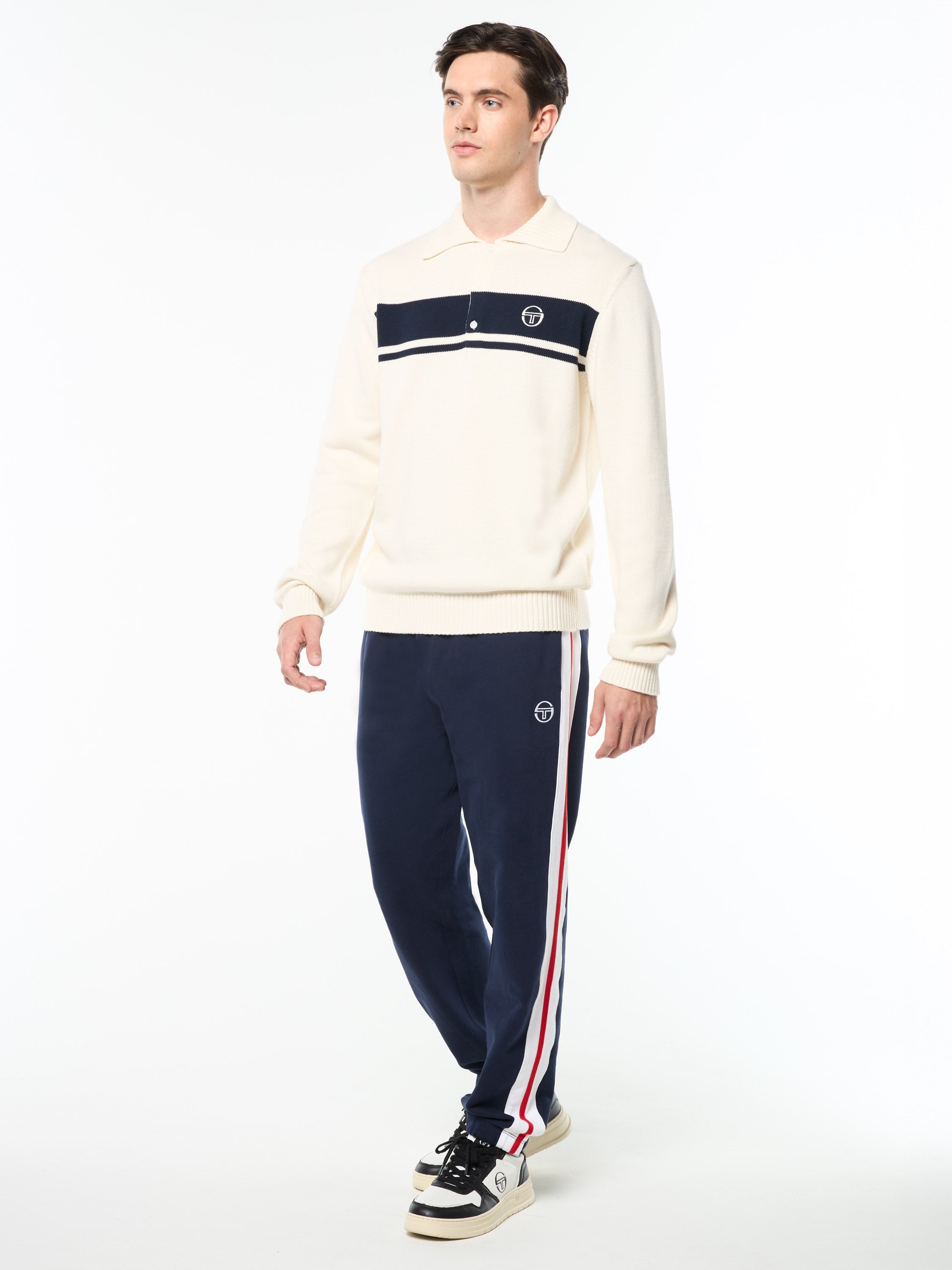 Damarindo Long Sleeve Knit Polo- Gardenia/ Maritime Blue