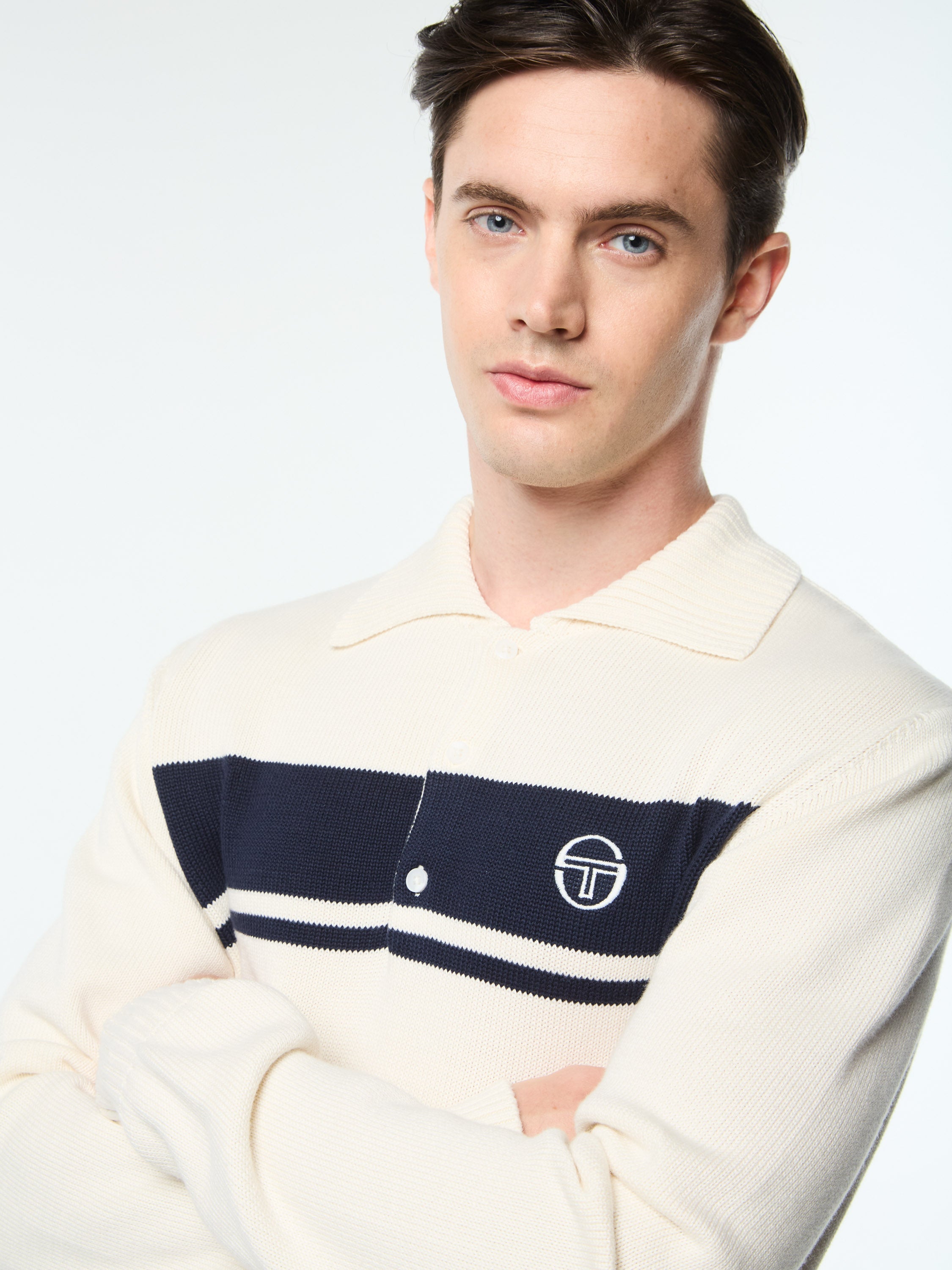 Damarindo Long Sleeve Knit Polo- Gardenia/ Maritime Blue