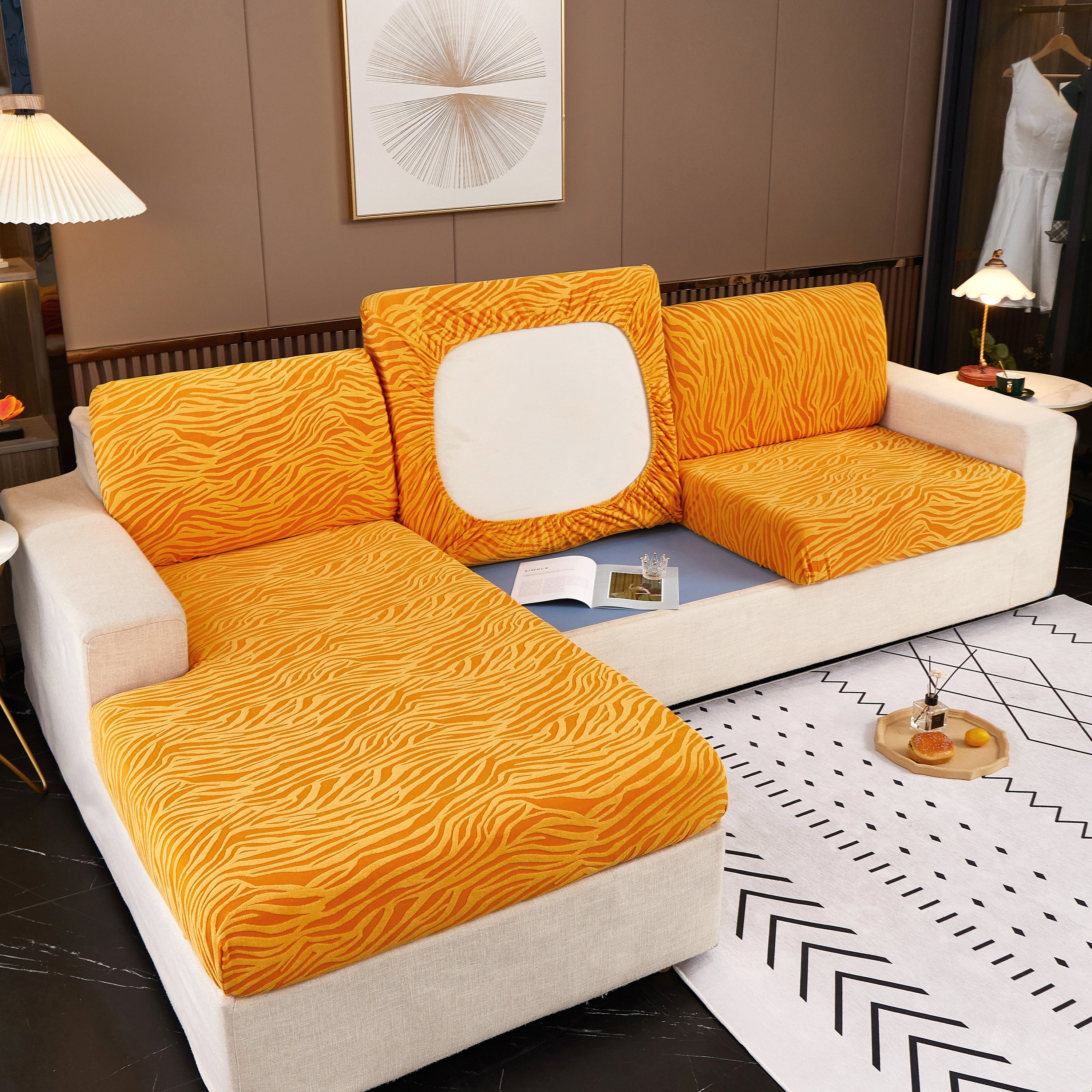 Striped Jacquard Fleece Furniture Covers Stretchable Non-slip Cushion Covers For L-shaped Couch, Pets