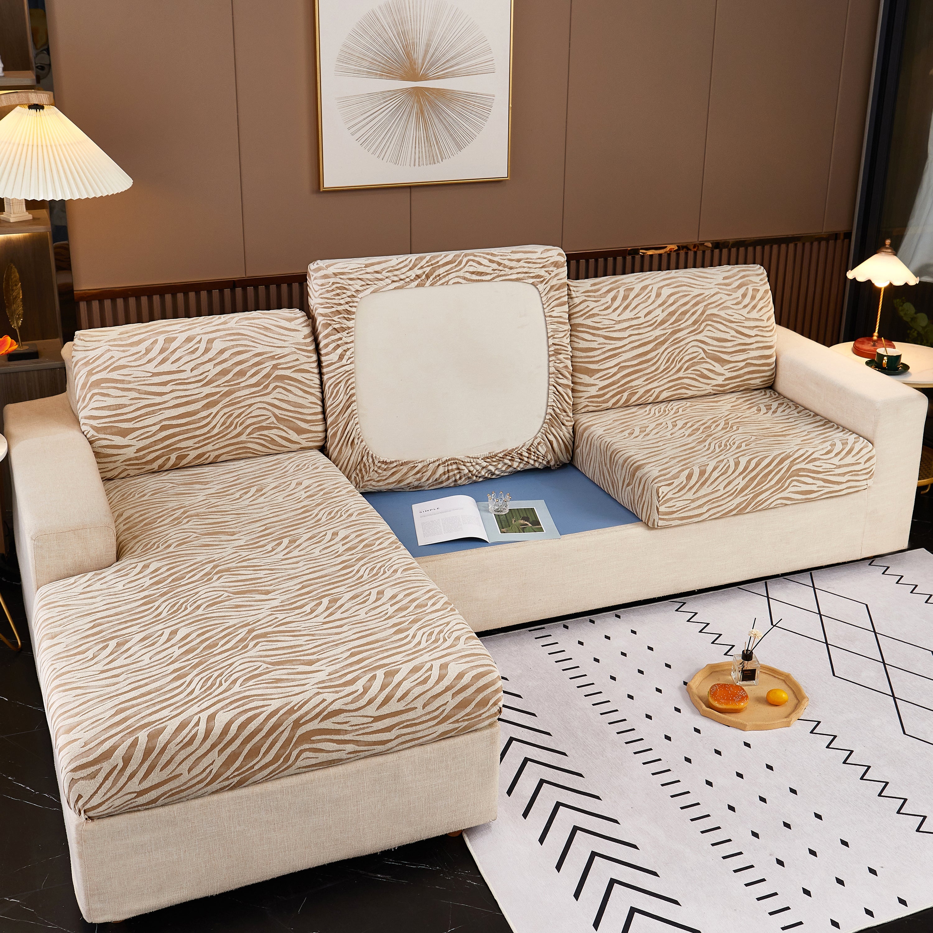 Striped Jacquard Fleece Furniture Covers Stretchable Non-slip Cushion Covers For L-shaped Couch, Pets