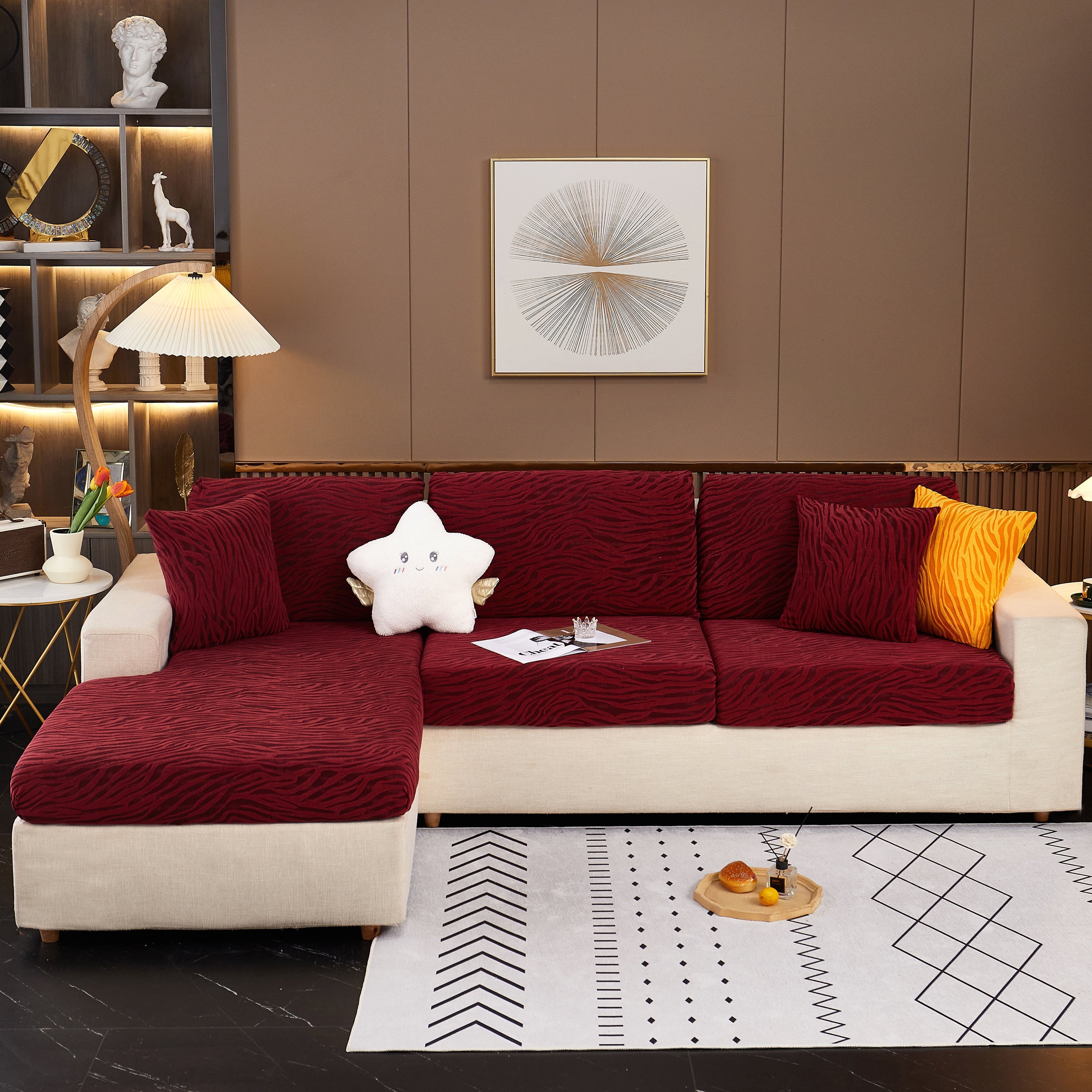 Striped Jacquard Fleece Furniture Covers Stretchable Non-slip Cushion Covers For L-shaped Couch, Pets