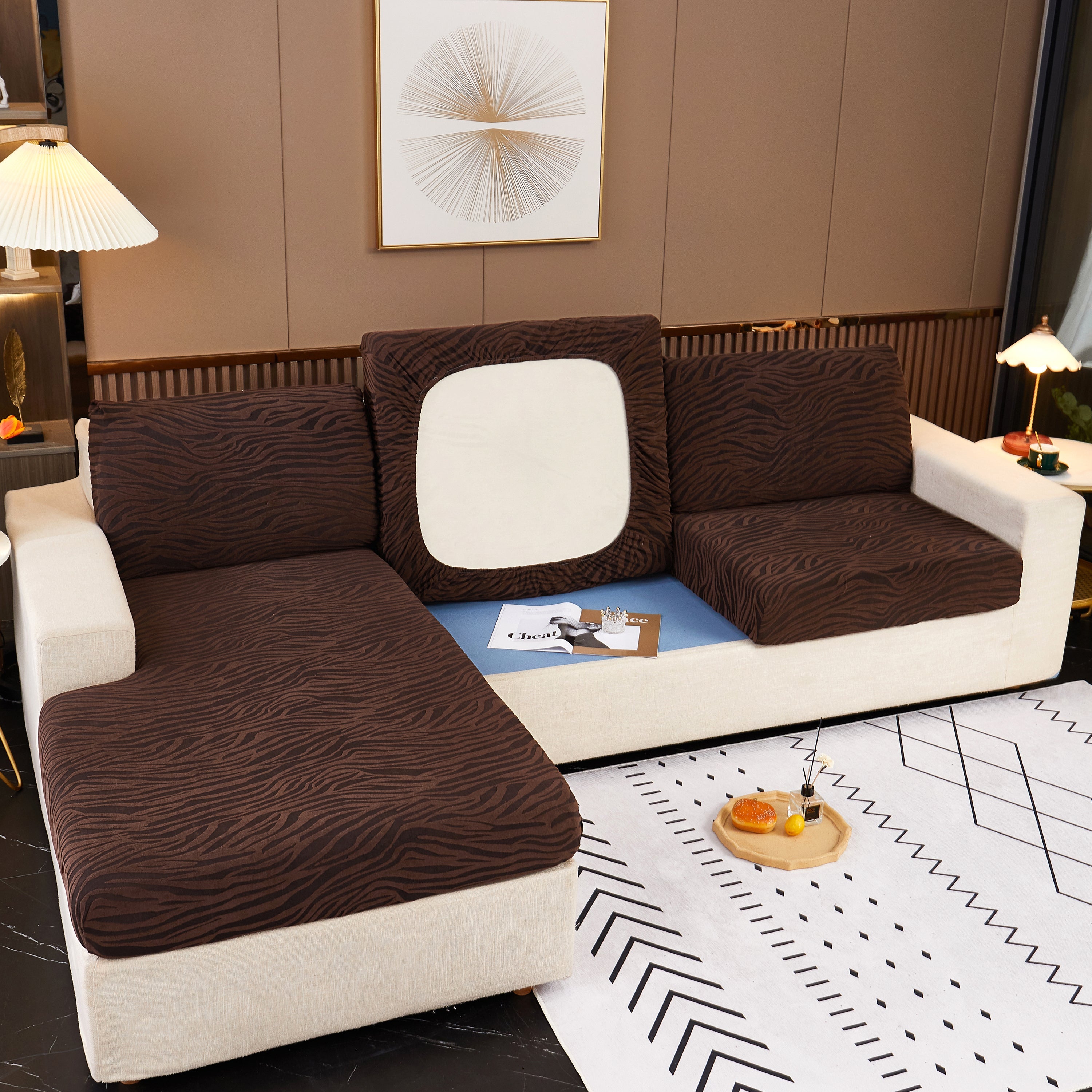 Striped Jacquard Fleece Furniture Covers Stretchable Non-slip Cushion Covers For L-shaped Couch, Pets