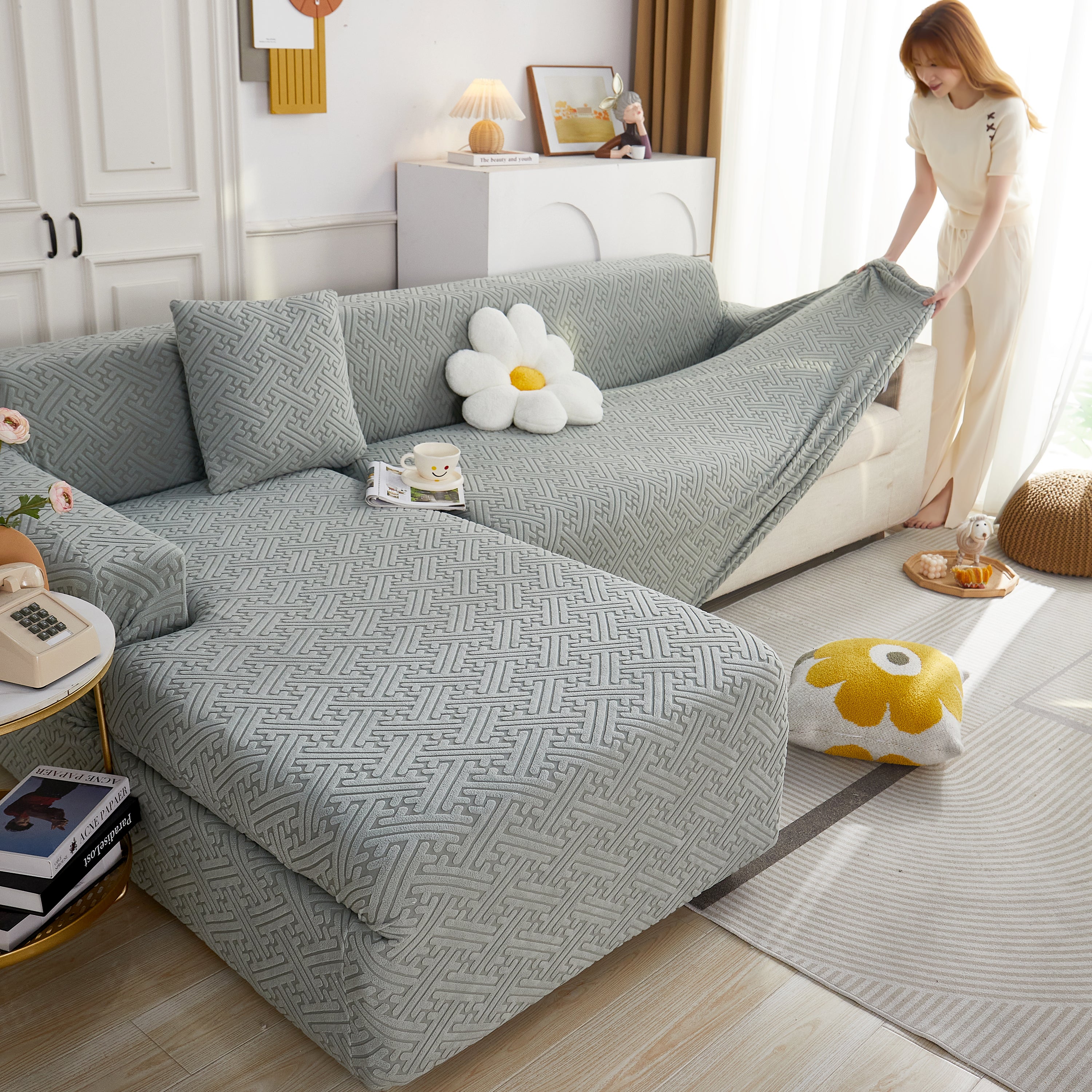L Shape Sectional Sofa Cover Soft Stretch Furniture Protector Couch Slipcover With 1pcs Free Pillowcases