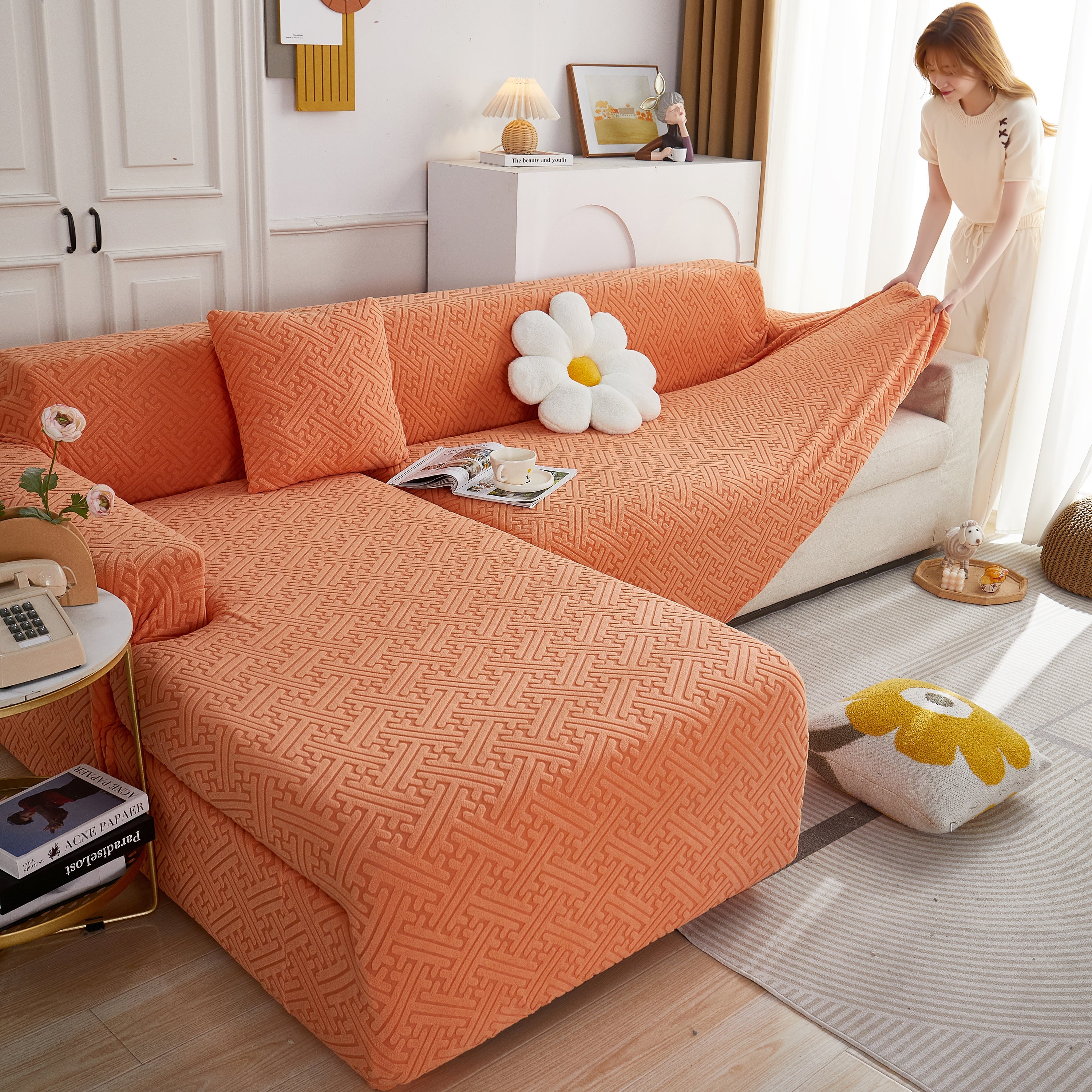 L Shape Sectional Sofa Cover Soft Stretch Furniture Protector Couch Slipcover With 1pcs Free Pillowcases