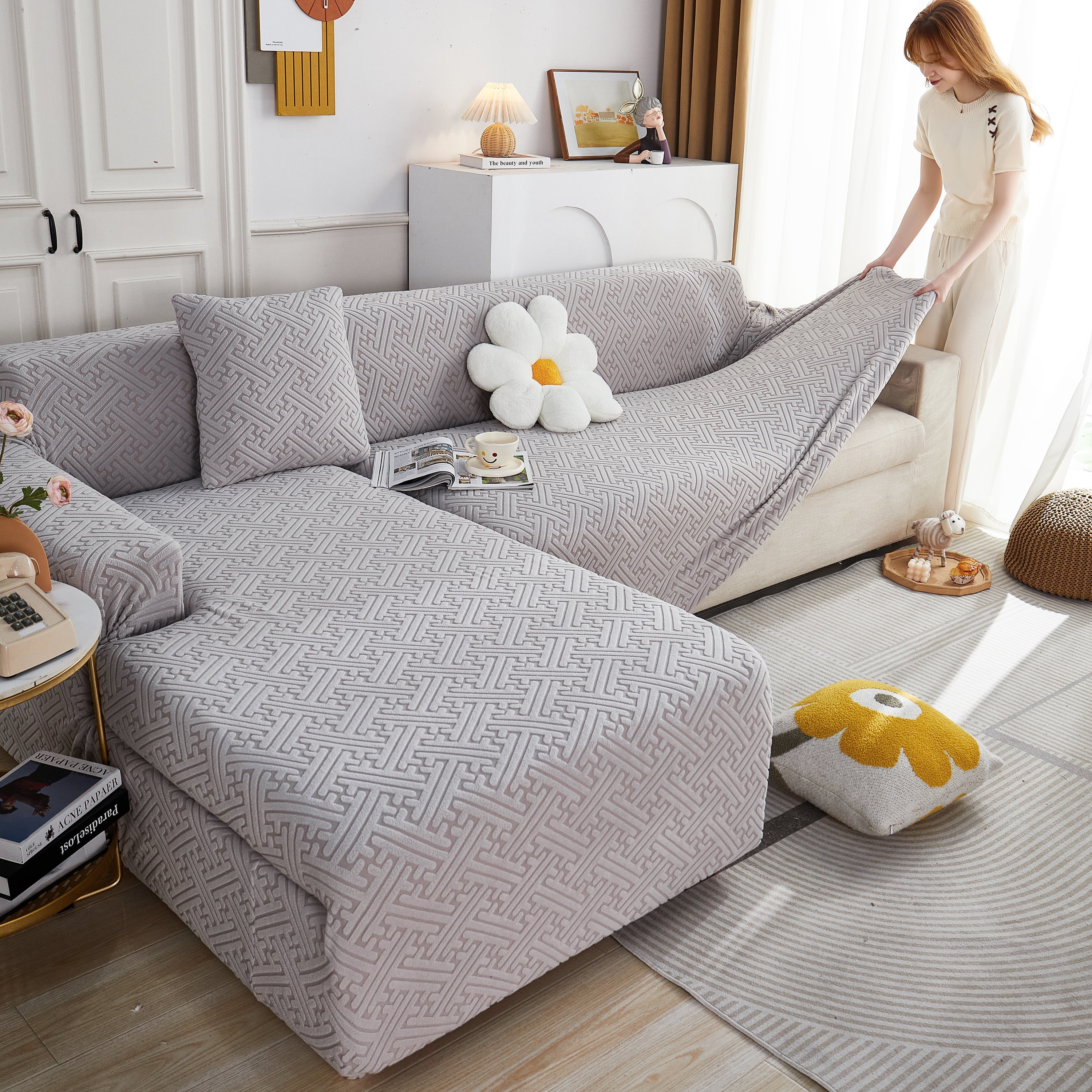 L Shape Sectional Sofa Cover Soft Stretch Furniture Protector Couch Slipcover With 1pcs Free Pillowcases