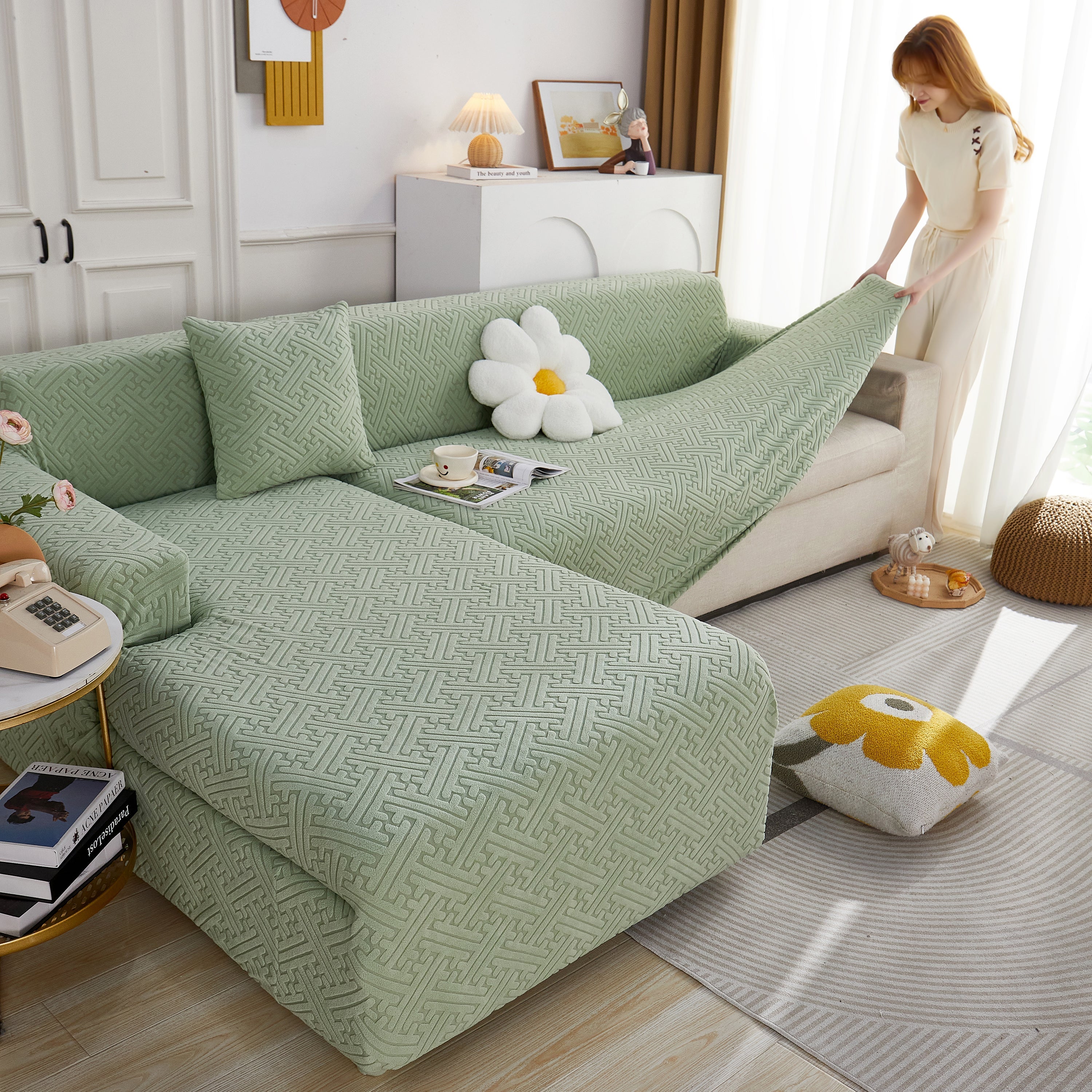 L Shape Sectional Sofa Cover Soft Stretch Furniture Protector Couch Slipcover With 1pcs Free Pillowcases