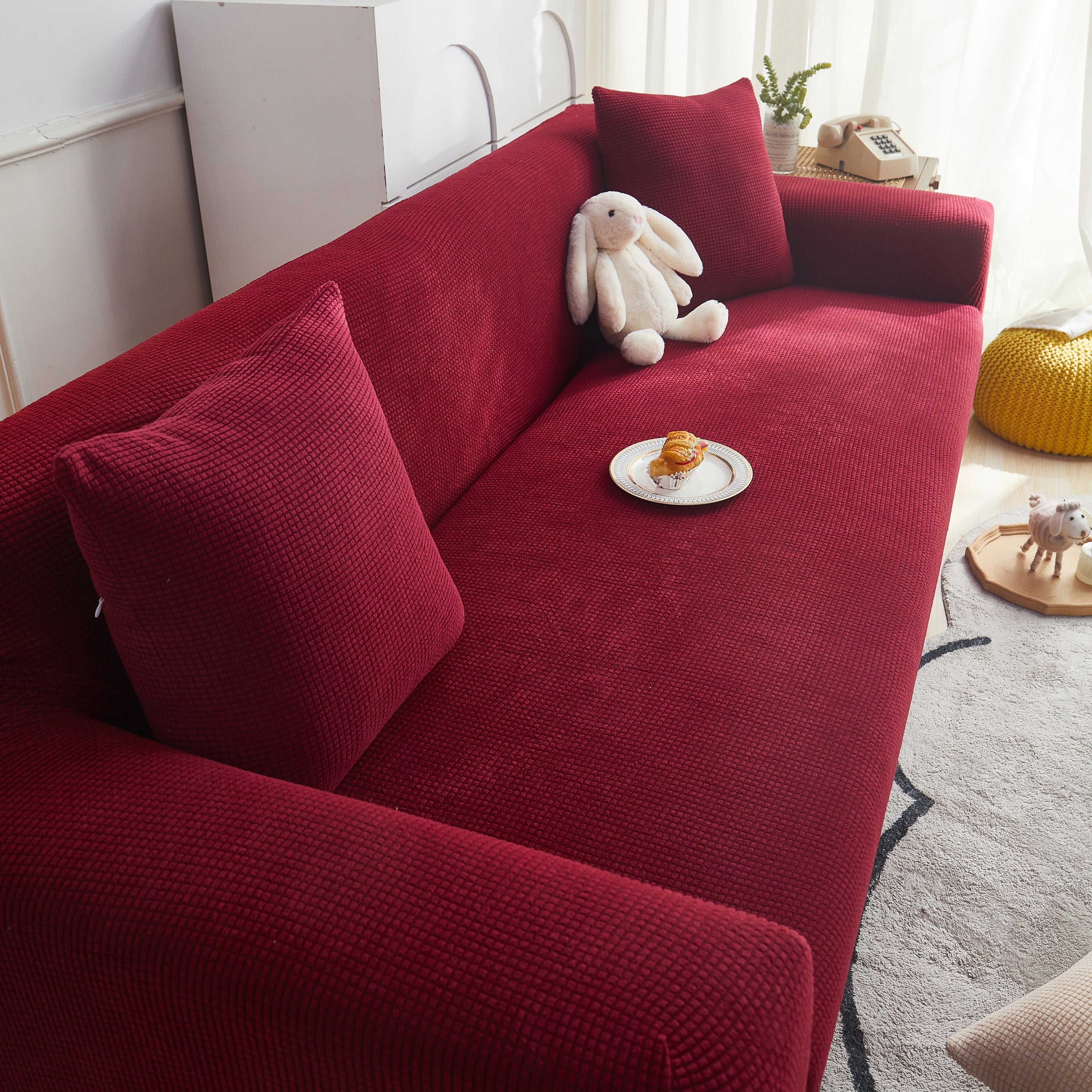 Grid Textured Stretch Sofa Cover, Soft Elastic Slipcover For Couch Protection