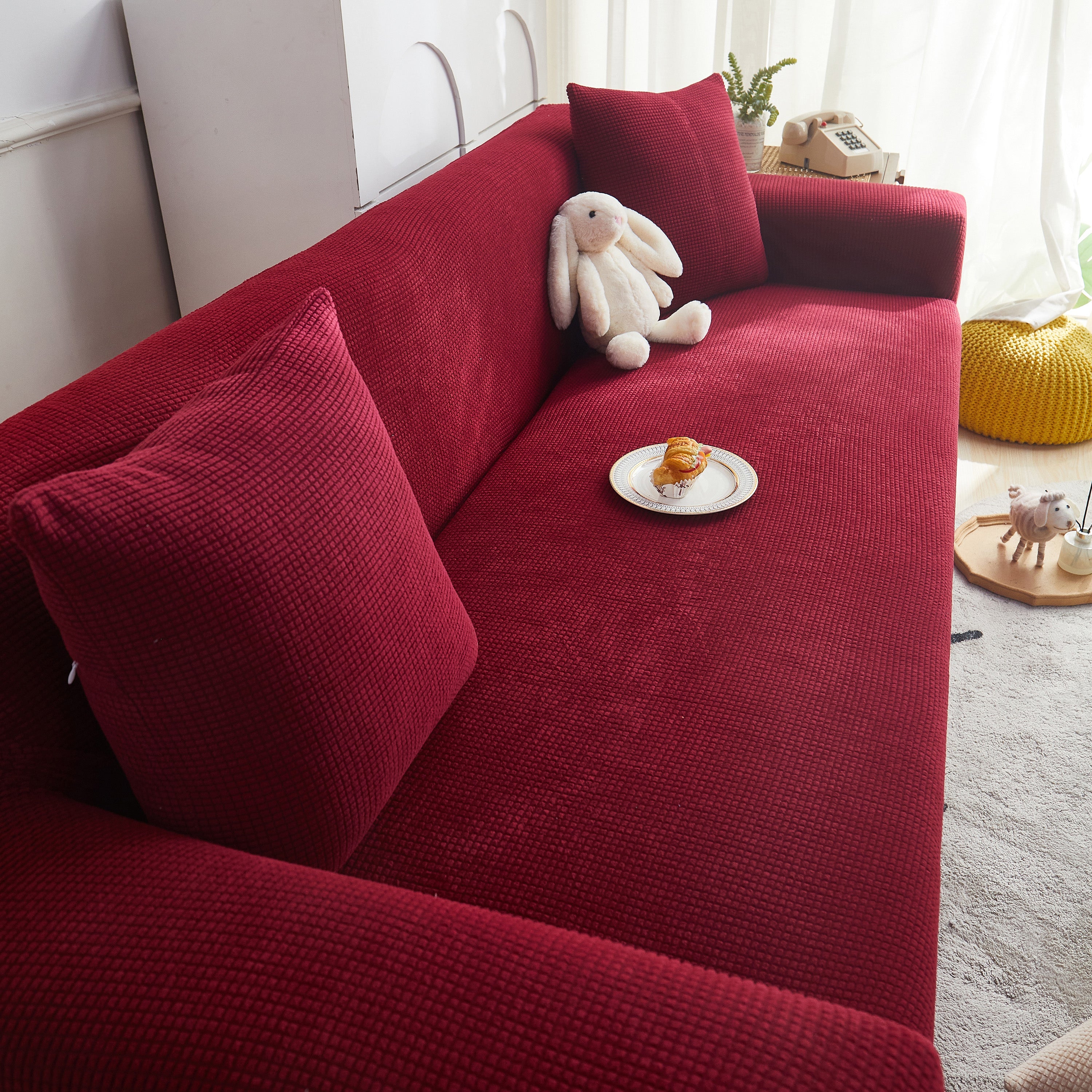 Grid Textured Stretch Sofa Cover, Soft Elastic Slipcover For Couch Protection