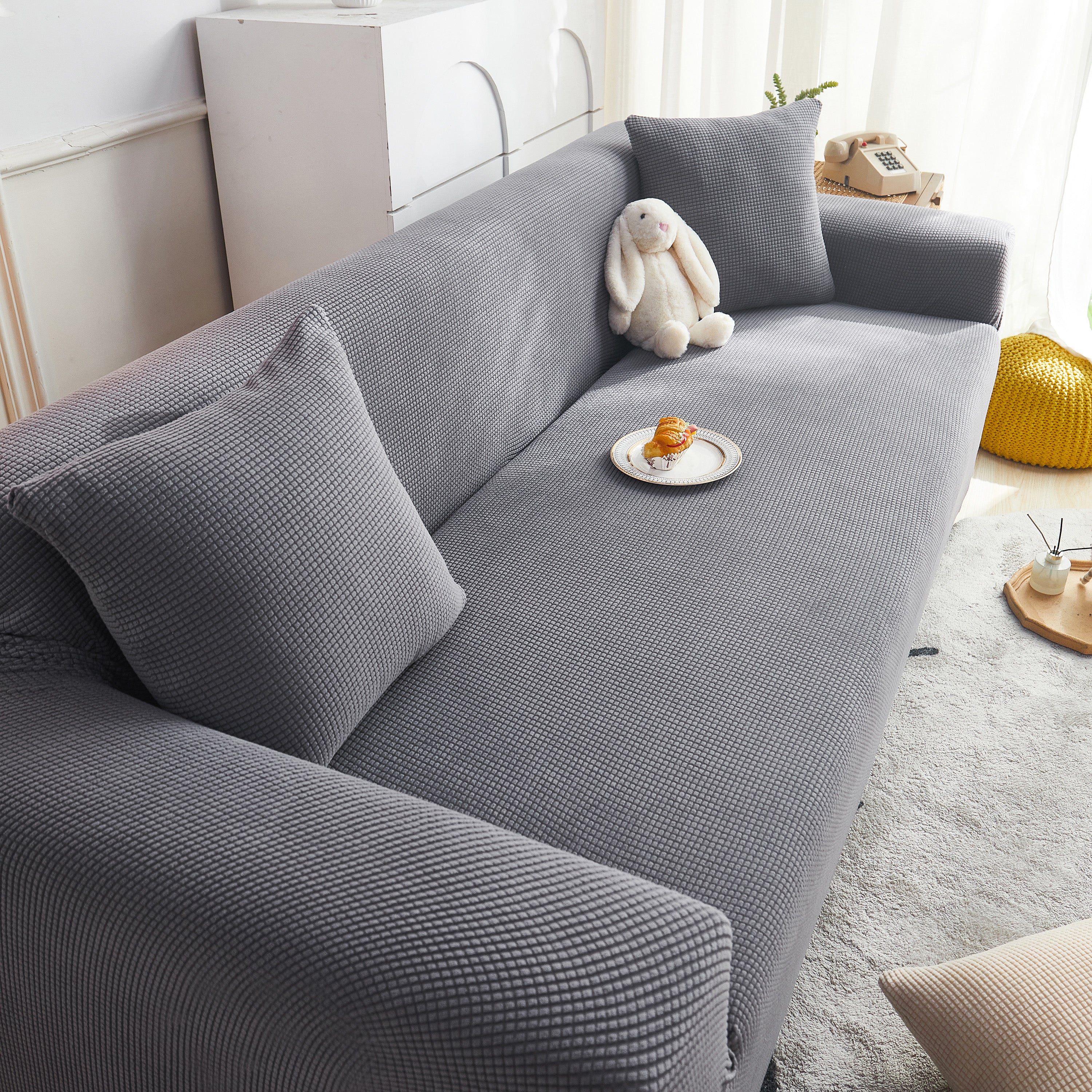 Grid Textured Stretch Sofa Cover, Soft Elastic Slipcover For Couch Protection