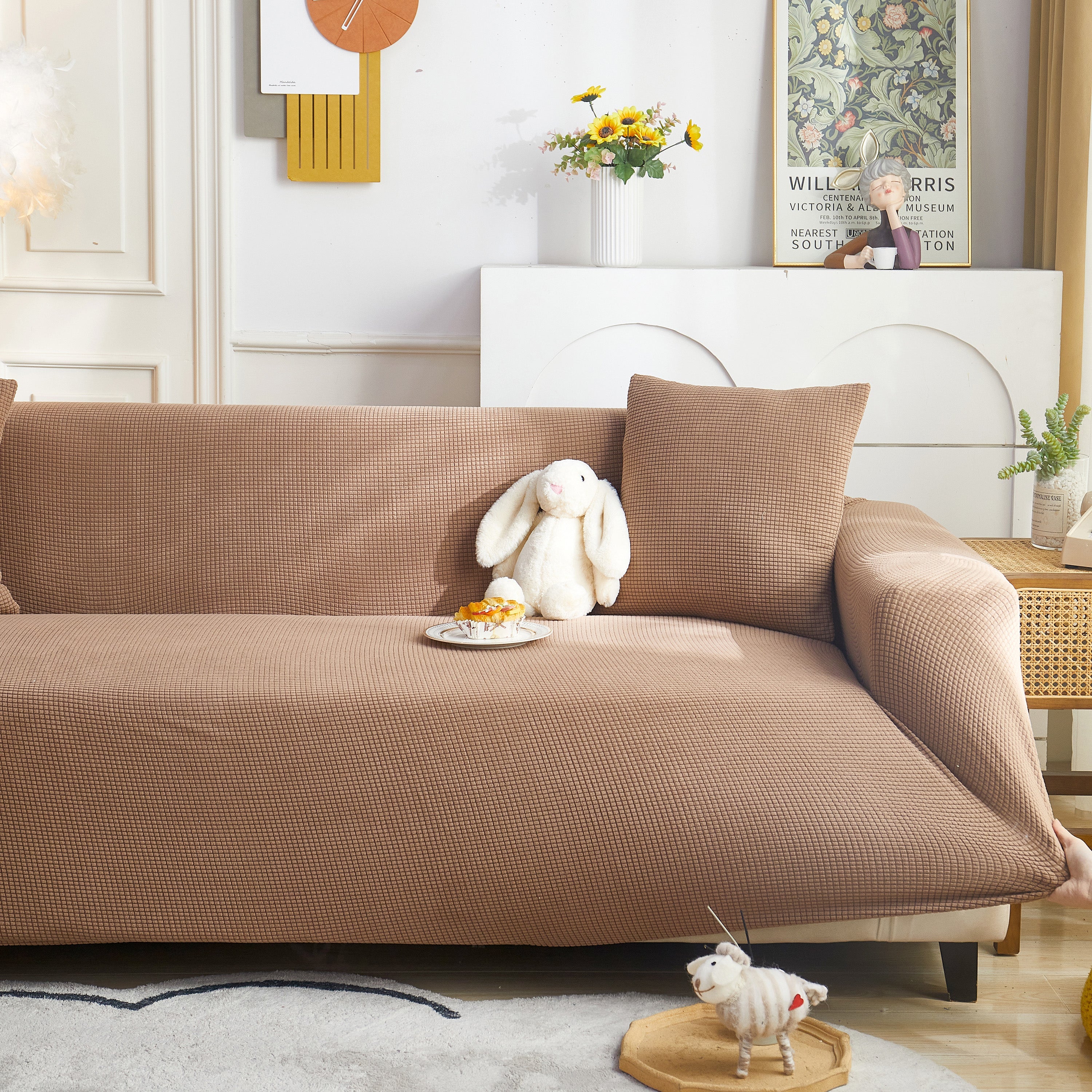 Grid Textured Stretch Sofa Cover, Soft Elastic Slipcover For Couch Protection