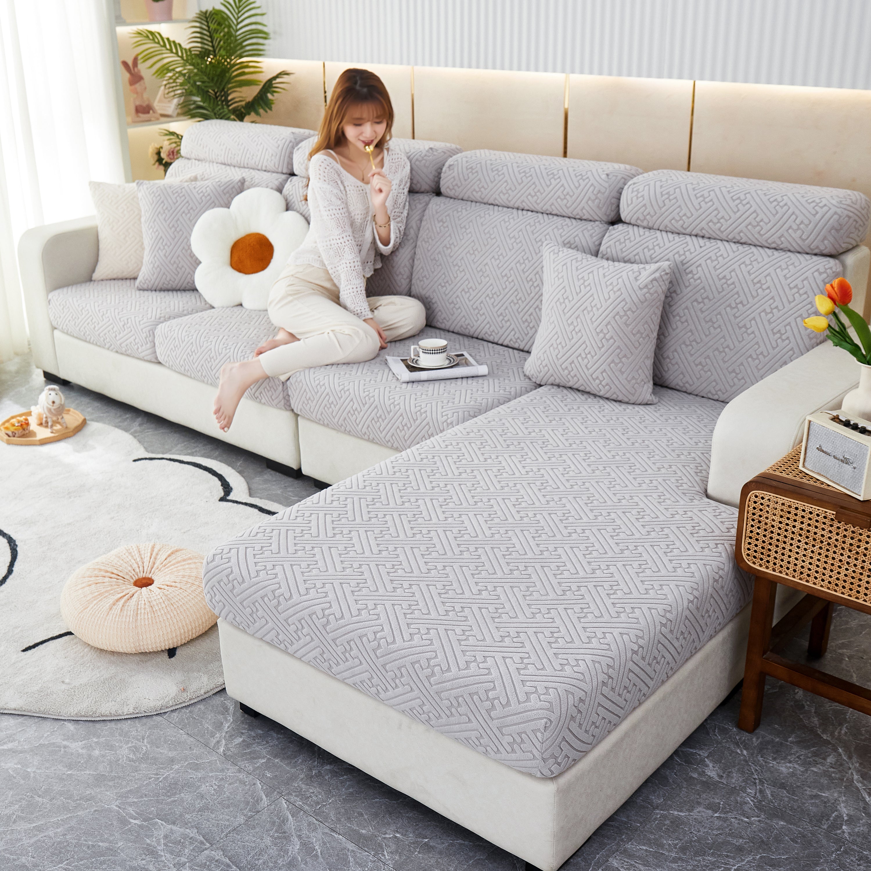 Cozy Polar Fleece Cushion Covers, Pet Friendly Stretch Sofa Covers For L-shaped Couch And Recliner
