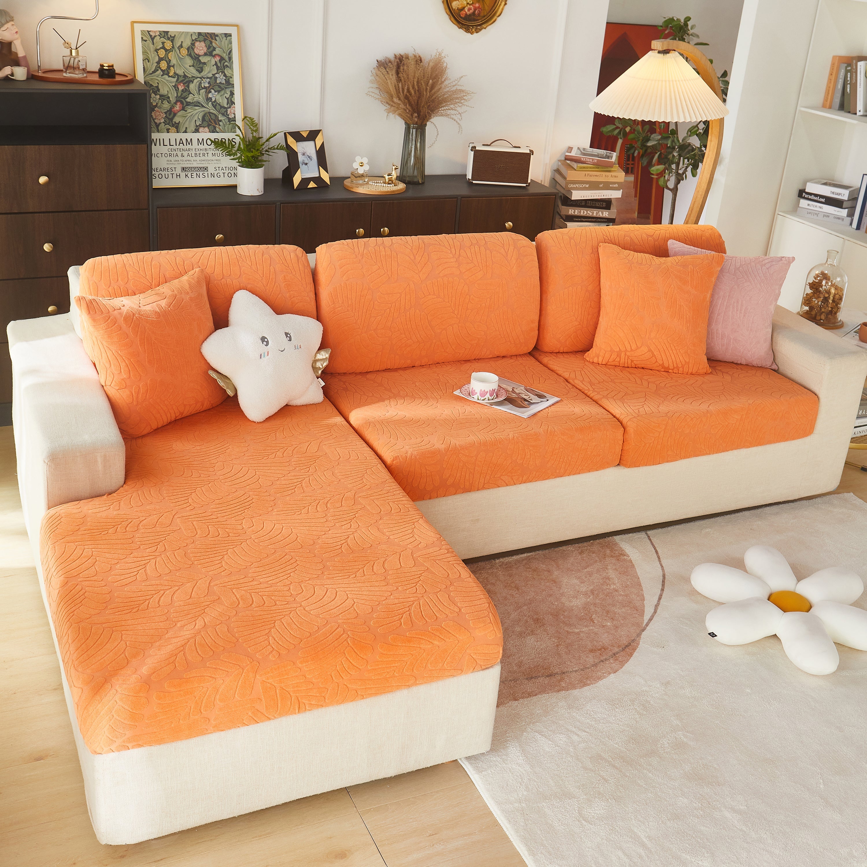 Leaf Pattern Jacquard Fabric Stretchable Cushion Cover, Non-slip Furniture Protector For Kids, L Shaped Couch Covers