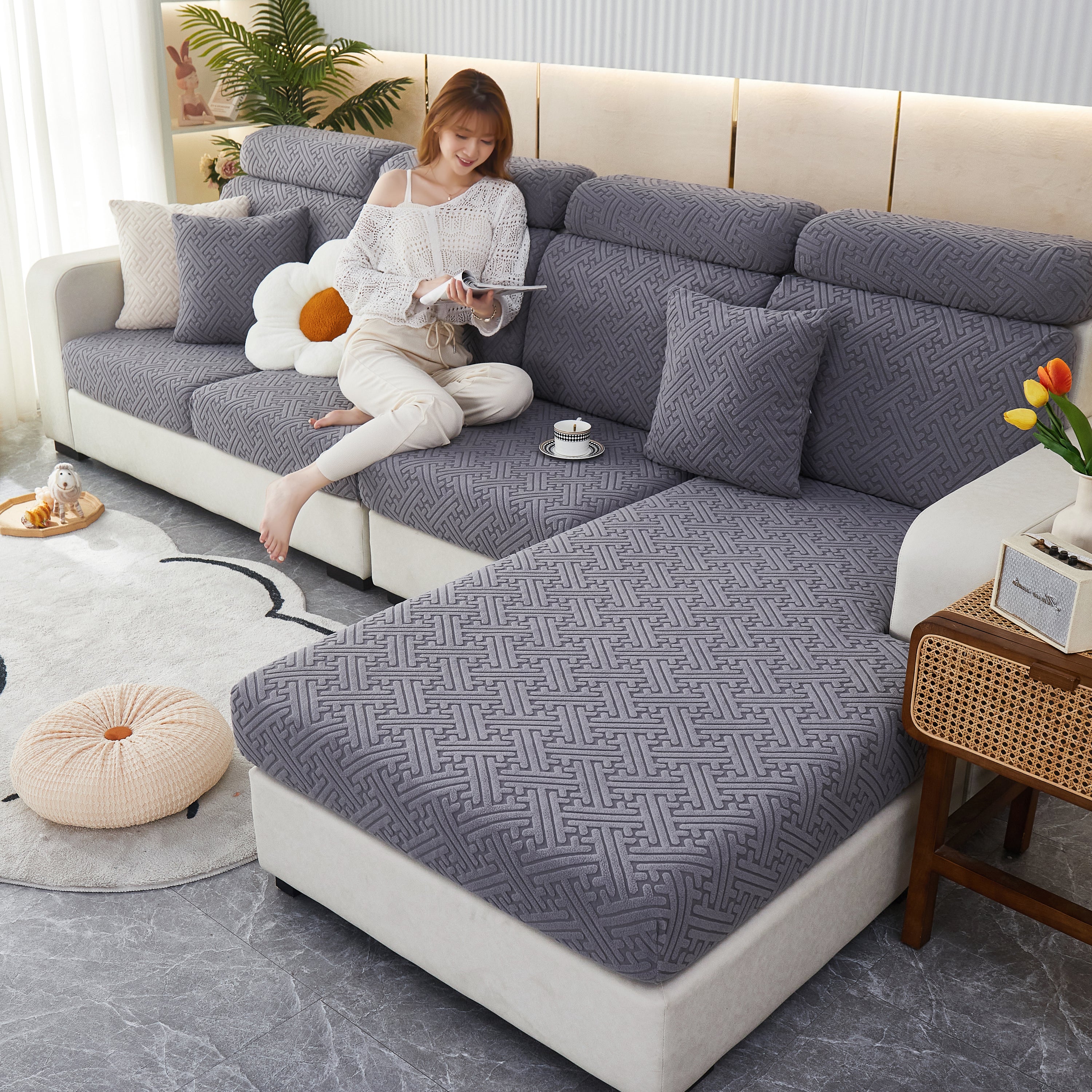 Cozy Polar Fleece Cushion Covers, Pet Friendly Stretch Sofa Covers For L-shaped Couch And Recliner