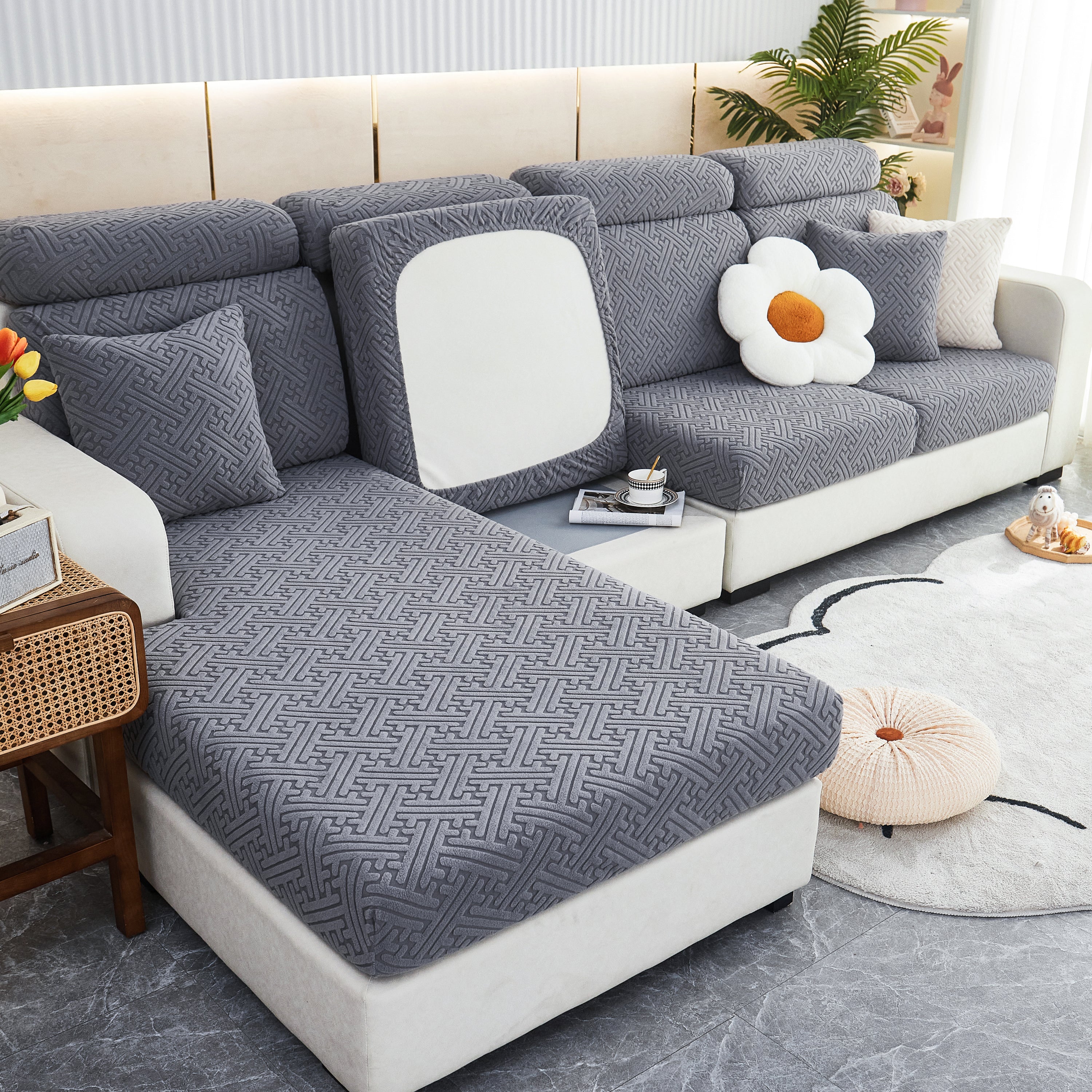 Polar Fleece Couch Cushion Covers, Stretch Sofa Seat Cushion Covers, Elastic Furniture Protector For Pets, Kid