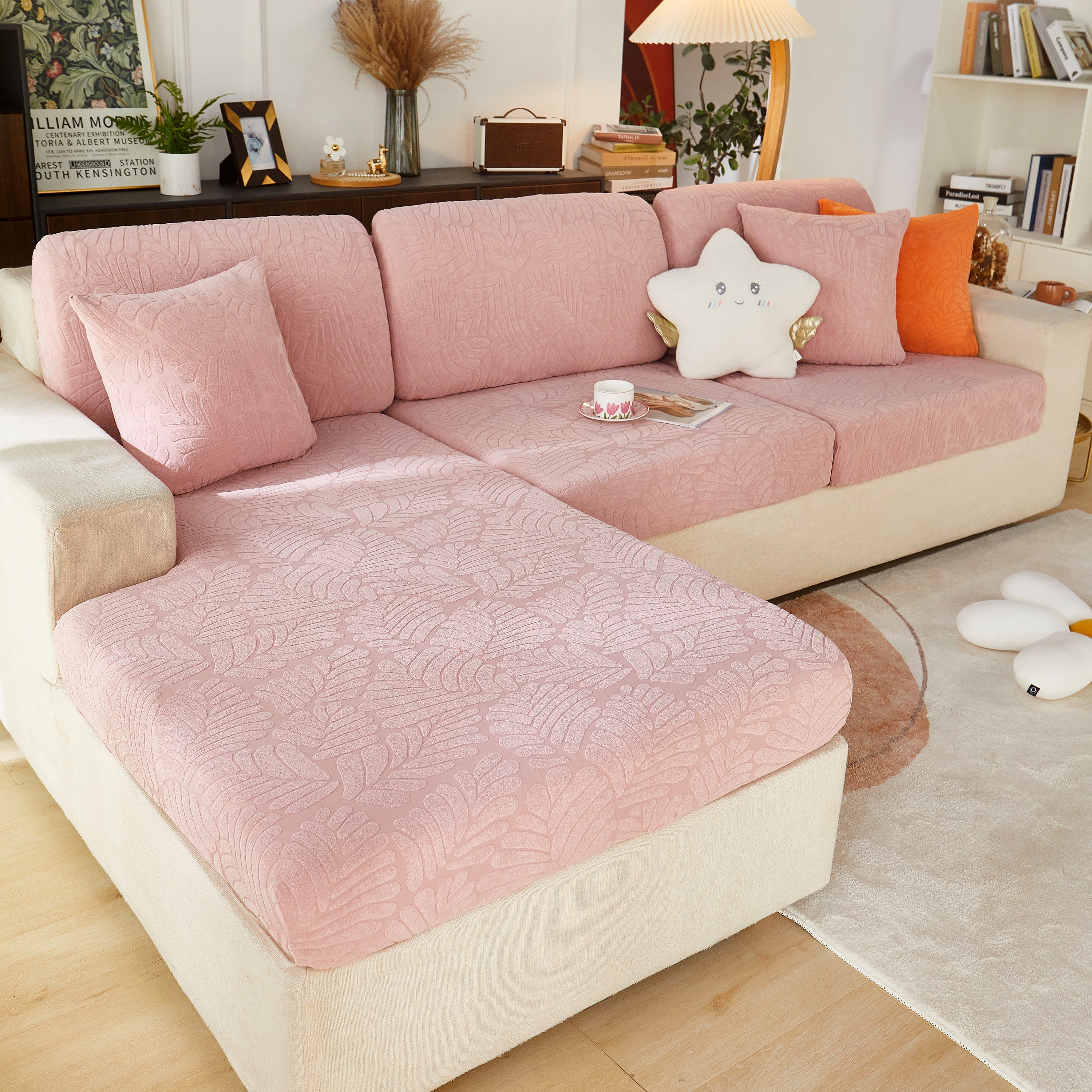 Leaf Pattern Jacquard Fabric Stretchable Cushion Cover, Non-slip Furniture Protector For Kids, L Shaped Couch Covers