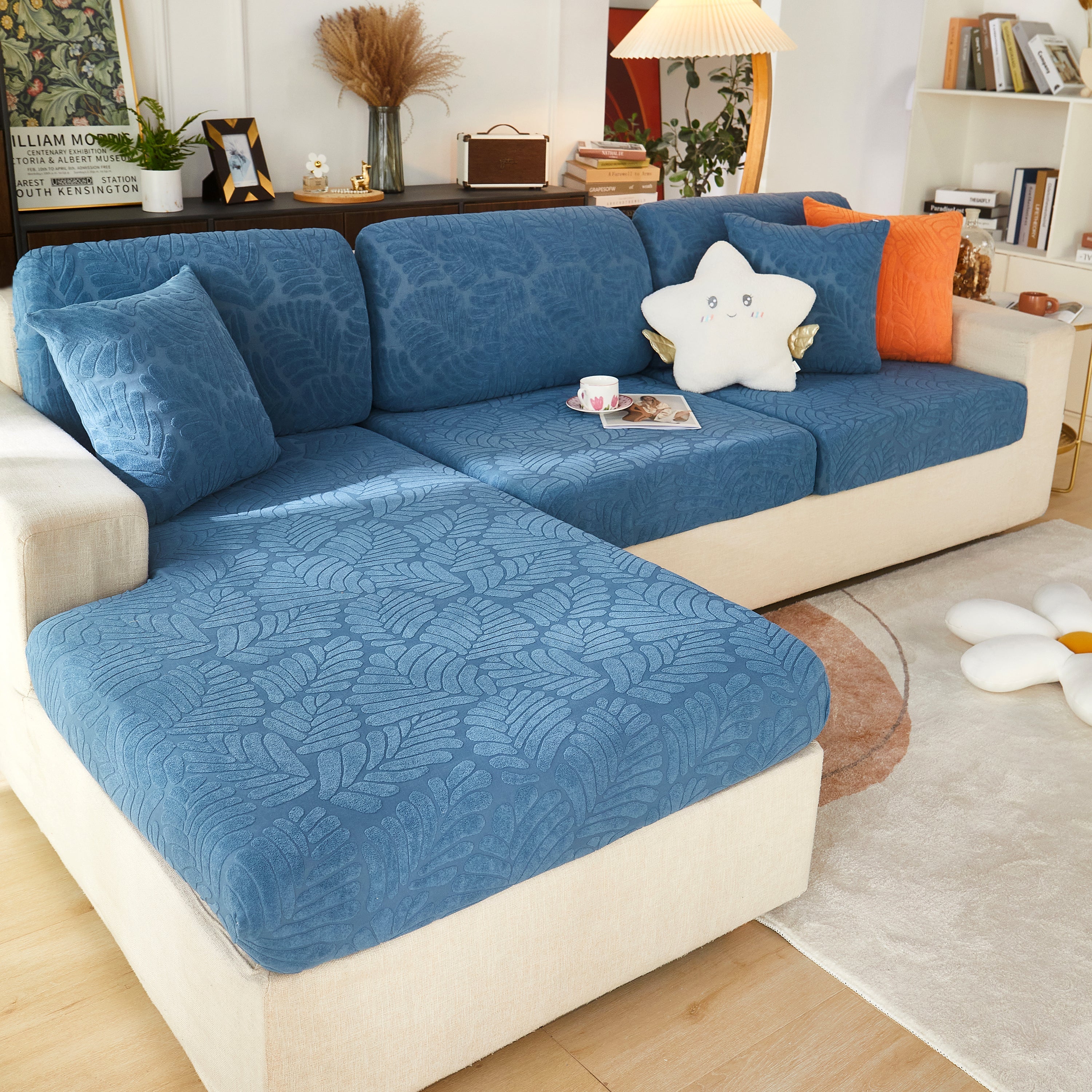Leaf Pattern Jacquard Fabric Stretchable Cushion Cover, Non-slip Furniture Protector For Kids, L Shaped Couch Covers
