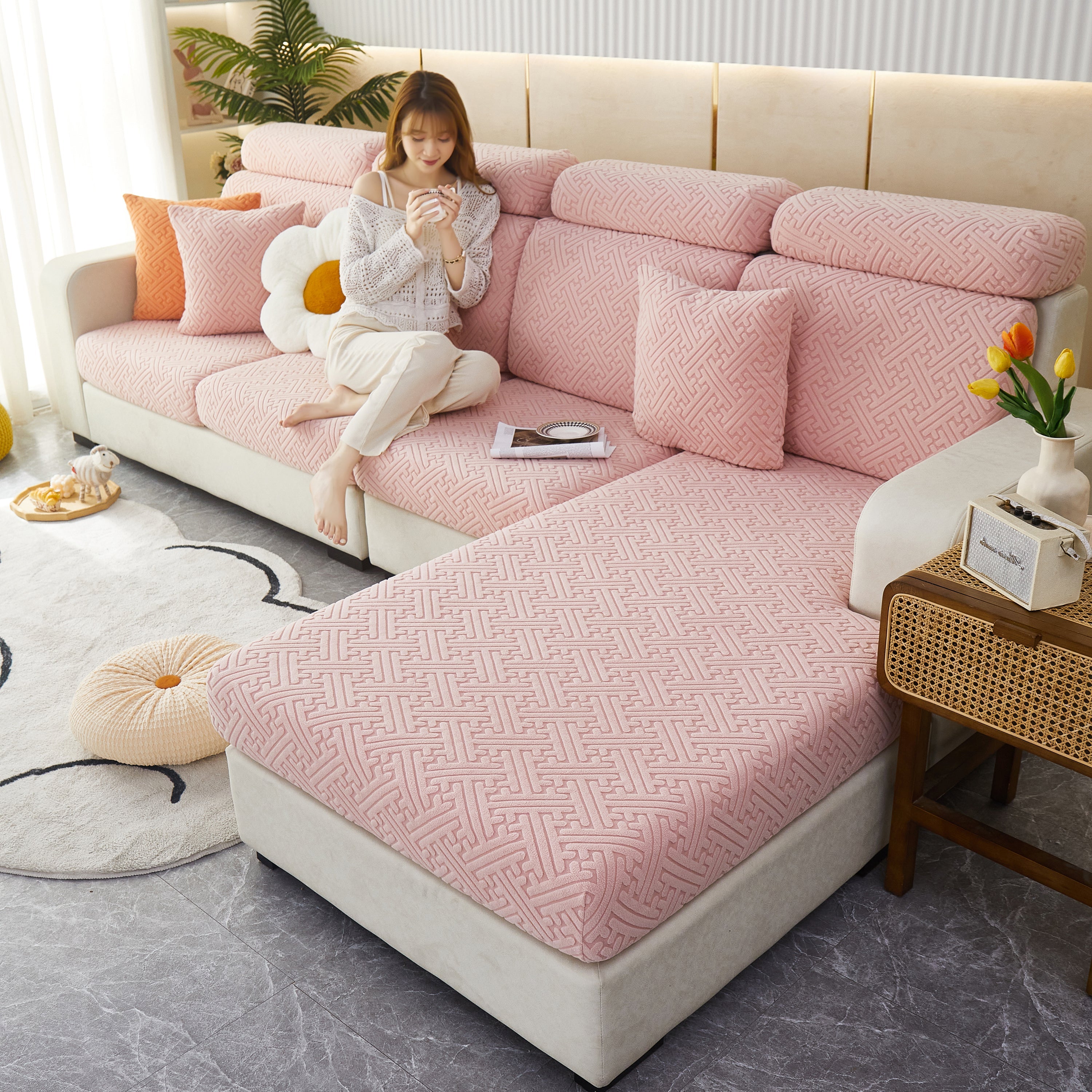 Cozy Polar Fleece Cushion Covers, Pet Friendly Stretch Sofa Covers For L-shaped Couch And Recliner