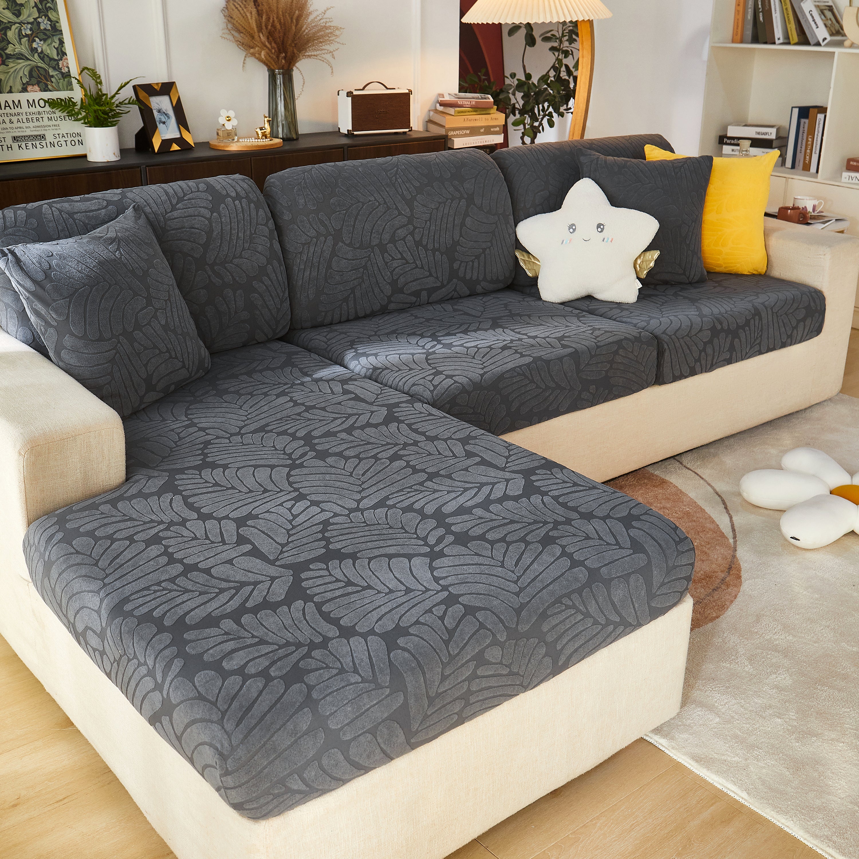 Leaf Pattern Jacquard Fabric Stretchable Cushion Cover, Non-slip Furniture Protector For Kids, L Shaped Couch Covers
