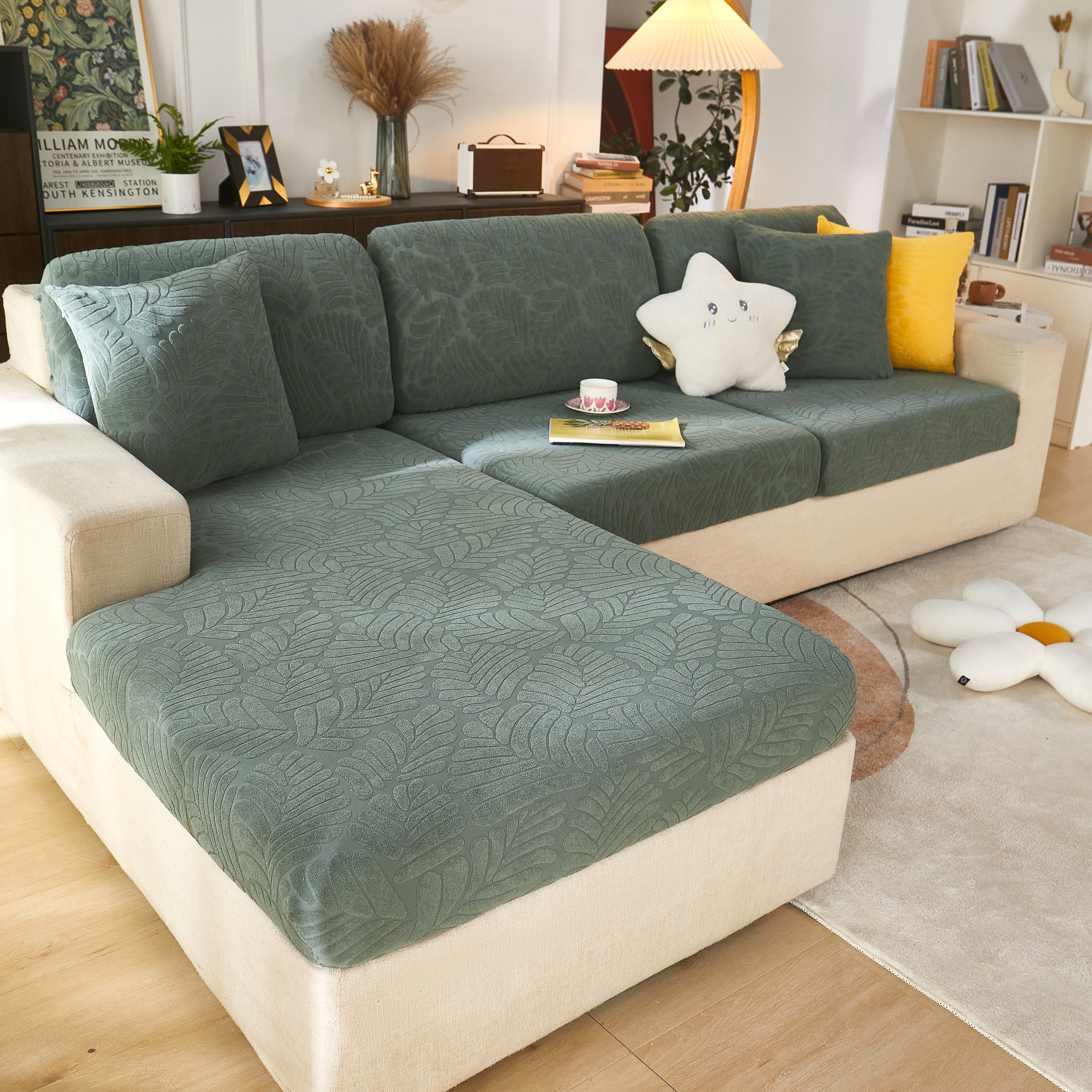 Leaf Pattern Jacquard Fabric Stretchable Cushion Cover, Non-slip Furniture Protector For Kids, L Shaped Couch Covers