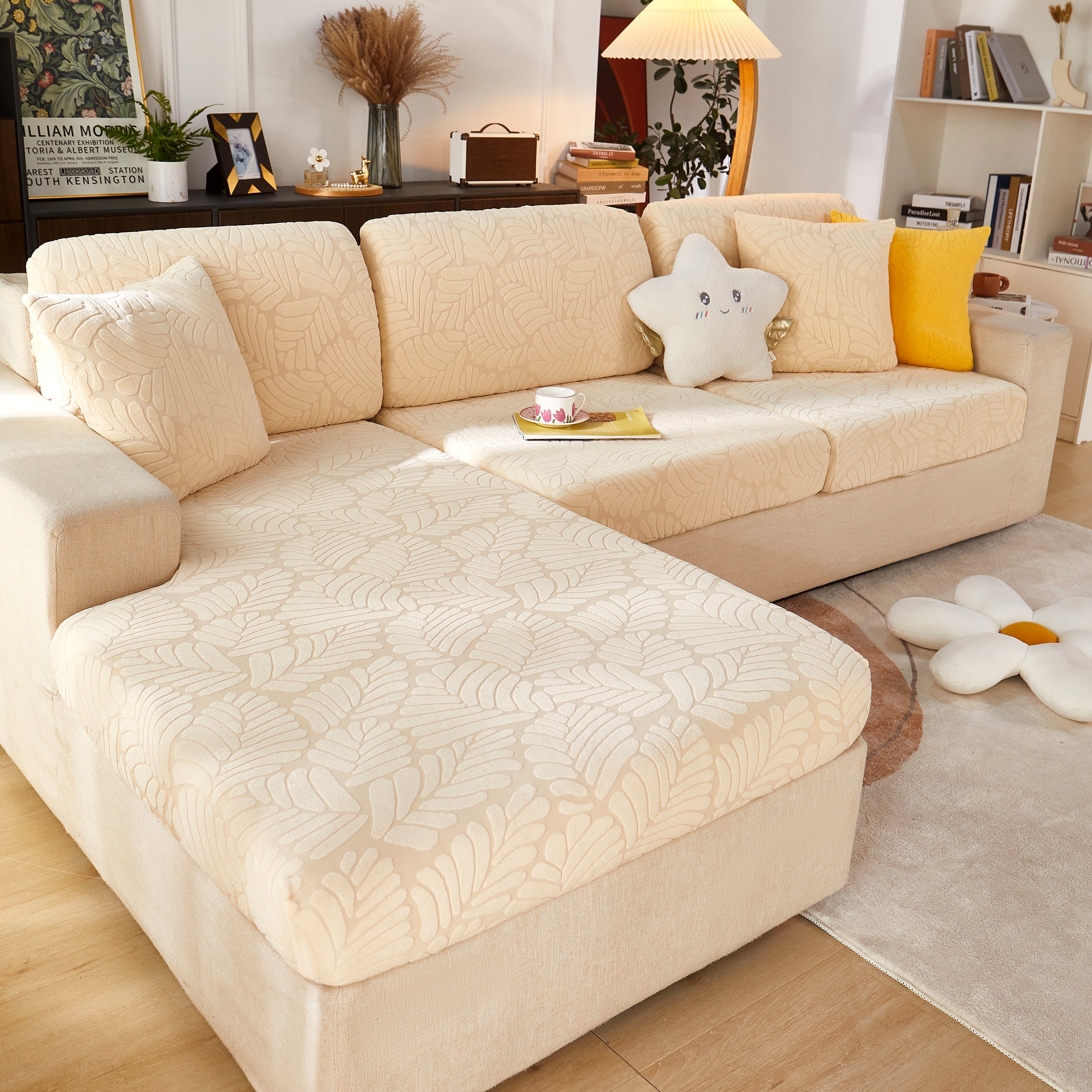 Leaf Pattern Jacquard Fabric Stretchable Cushion Cover, Non-slip Furniture Protector For Kids, L Shaped Couch Covers