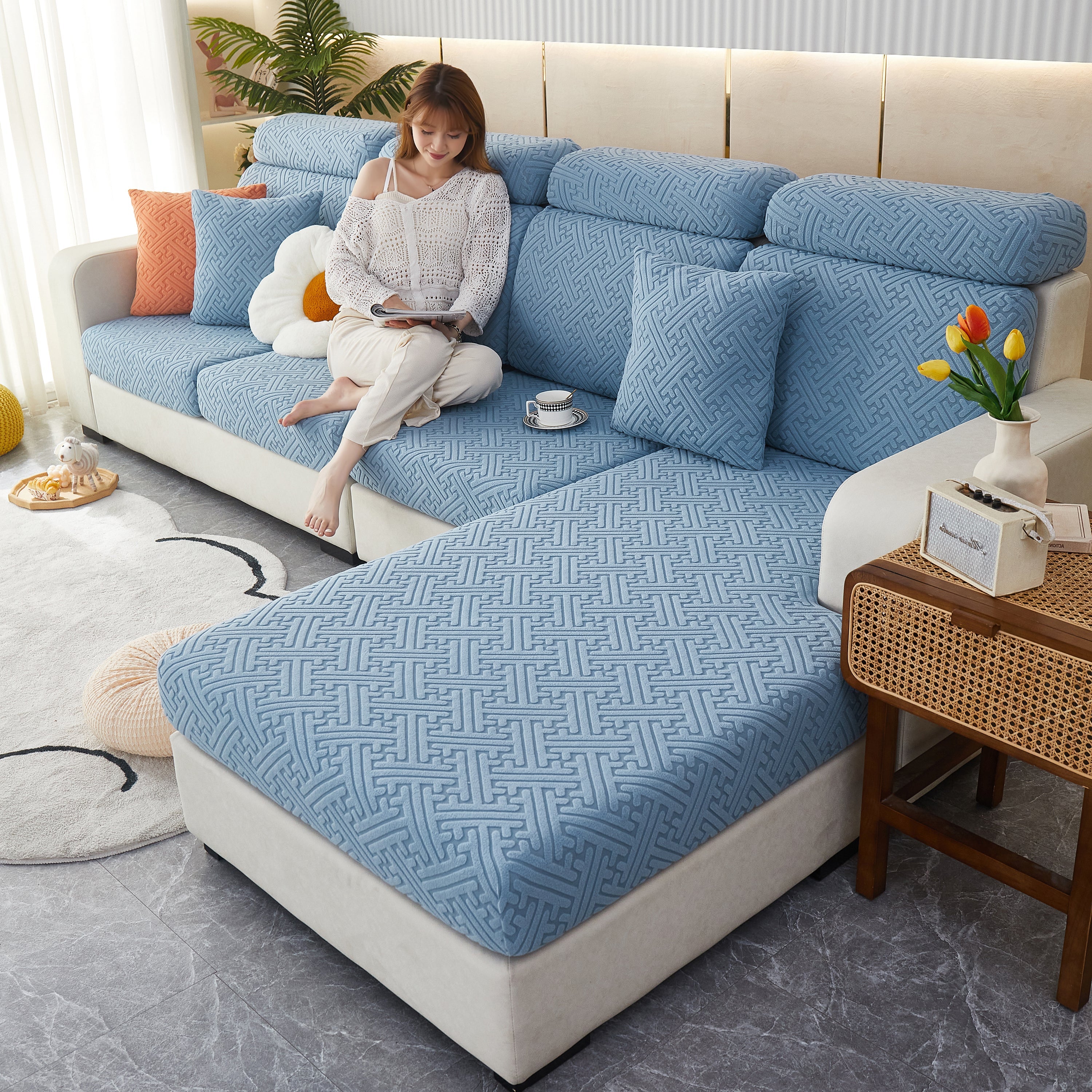 Cozy Polar Fleece Cushion Covers, Pet Friendly Stretch Sofa Covers For L-shaped Couch And Recliner