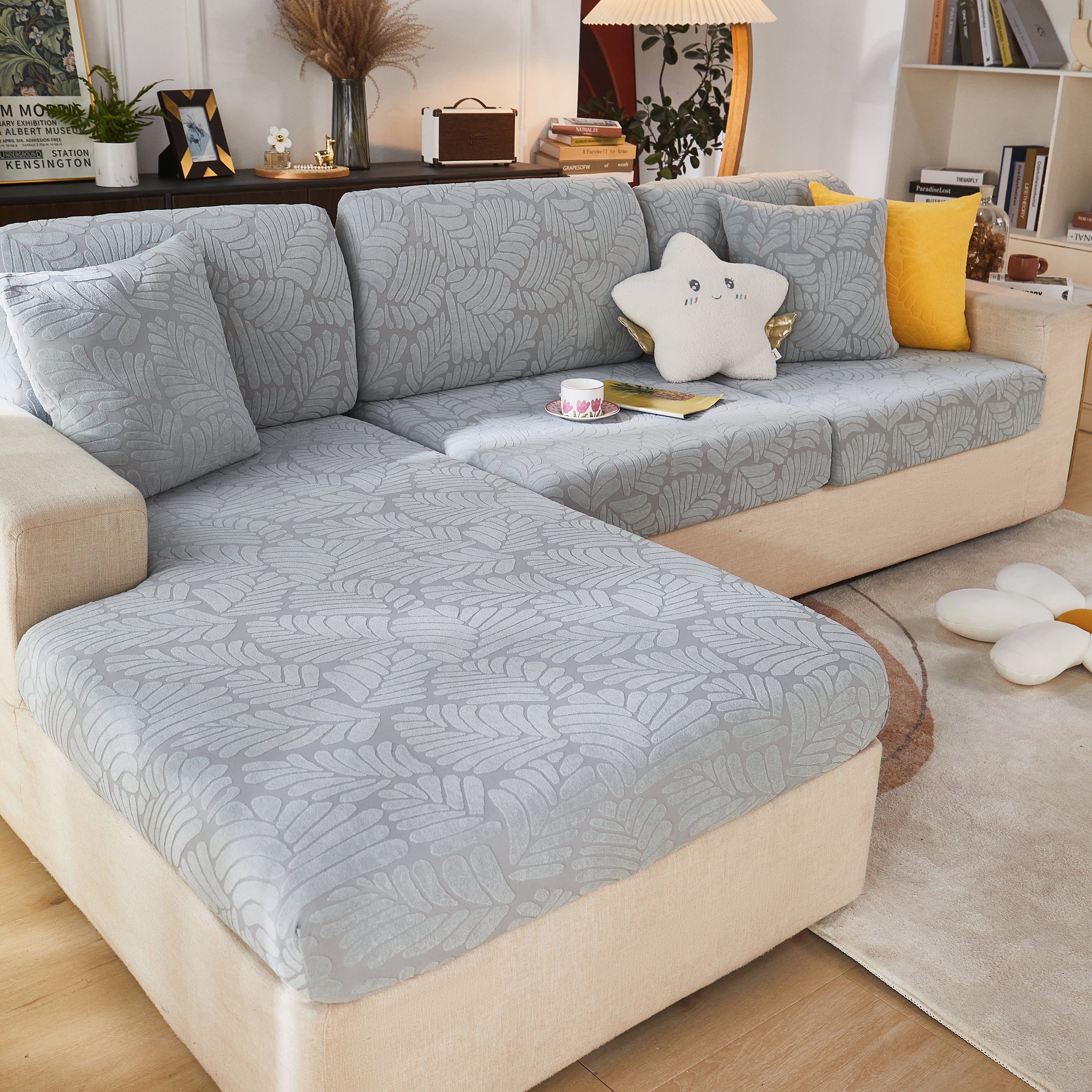 Leaf Pattern Jacquard Fabric Stretchable Cushion Cover, Non-slip Furniture Protector For Kids, L Shaped Couch Covers