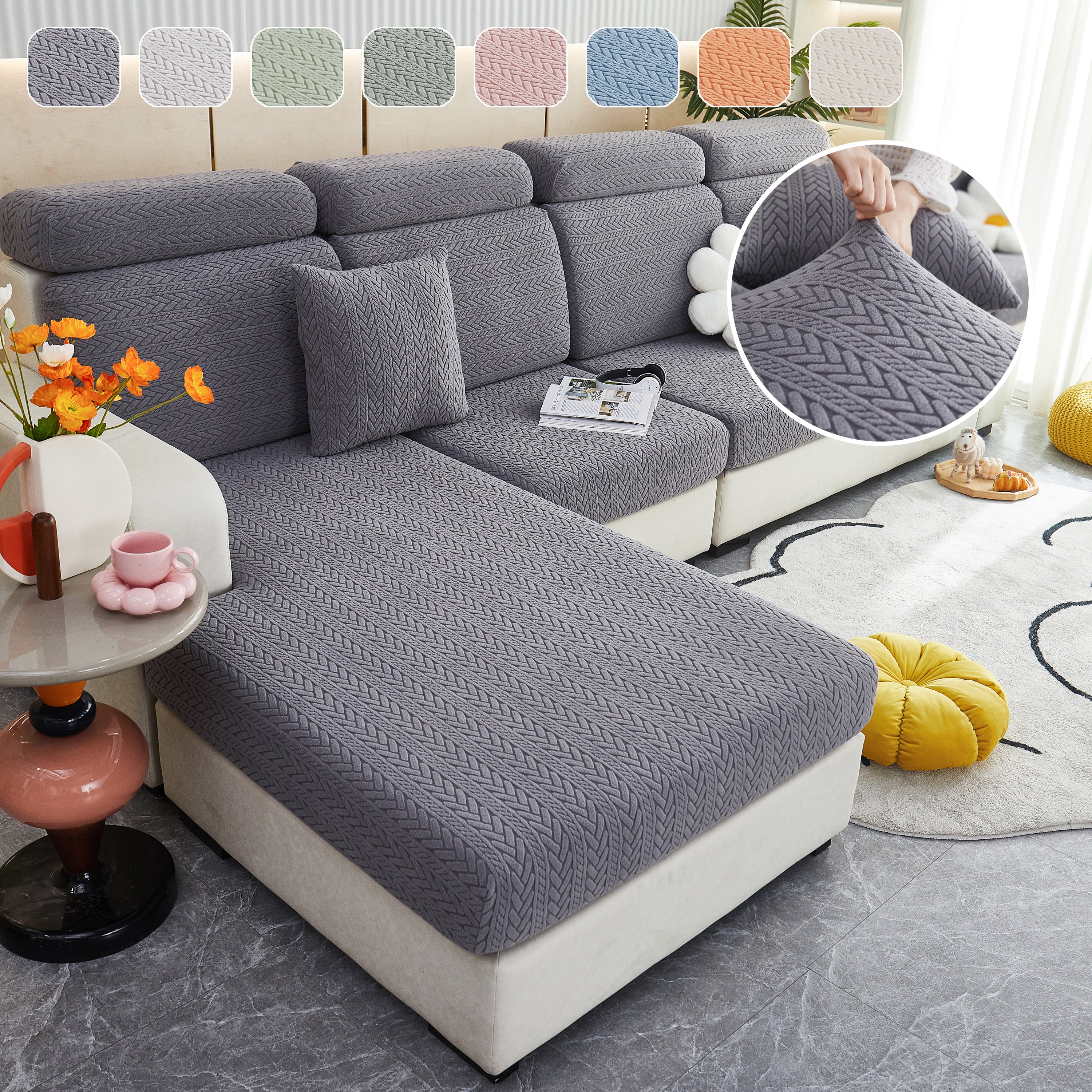 Stretchable Jacquard Polar Fleece Sofa Cover Non-slip Furniture Protector For Pets L-shaped Couch Slipcovers