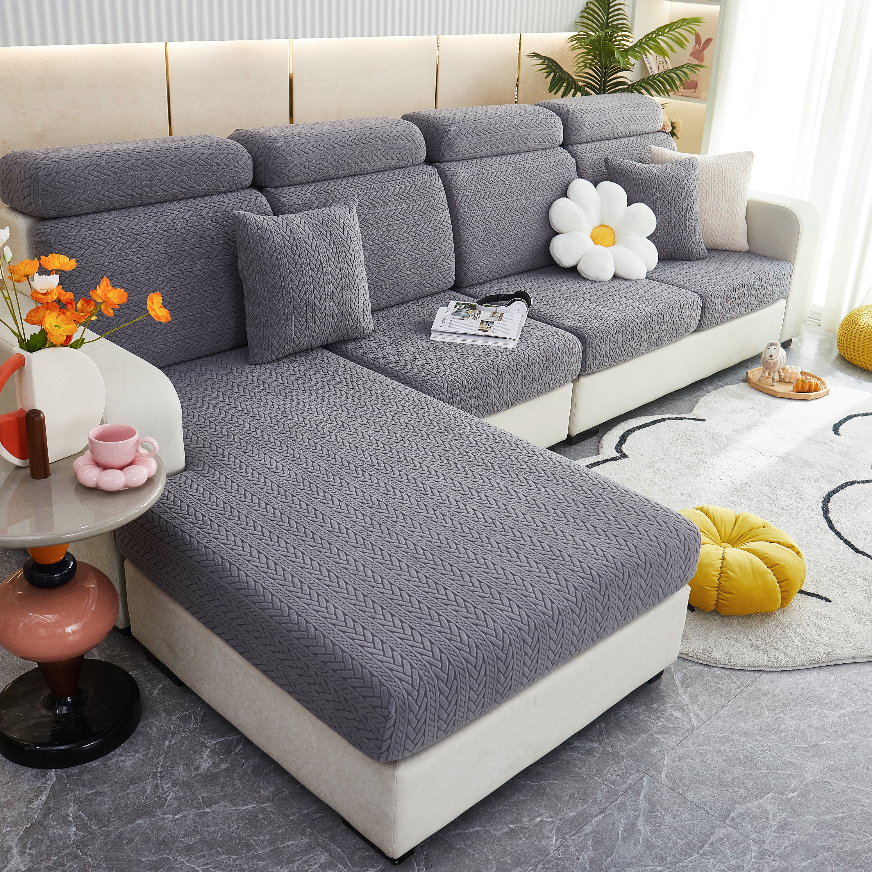 Stretchable Jacquard Polar Fleece Sofa Cover Non-slip Furniture Protector For Pets L-shaped Couch Slipcovers
