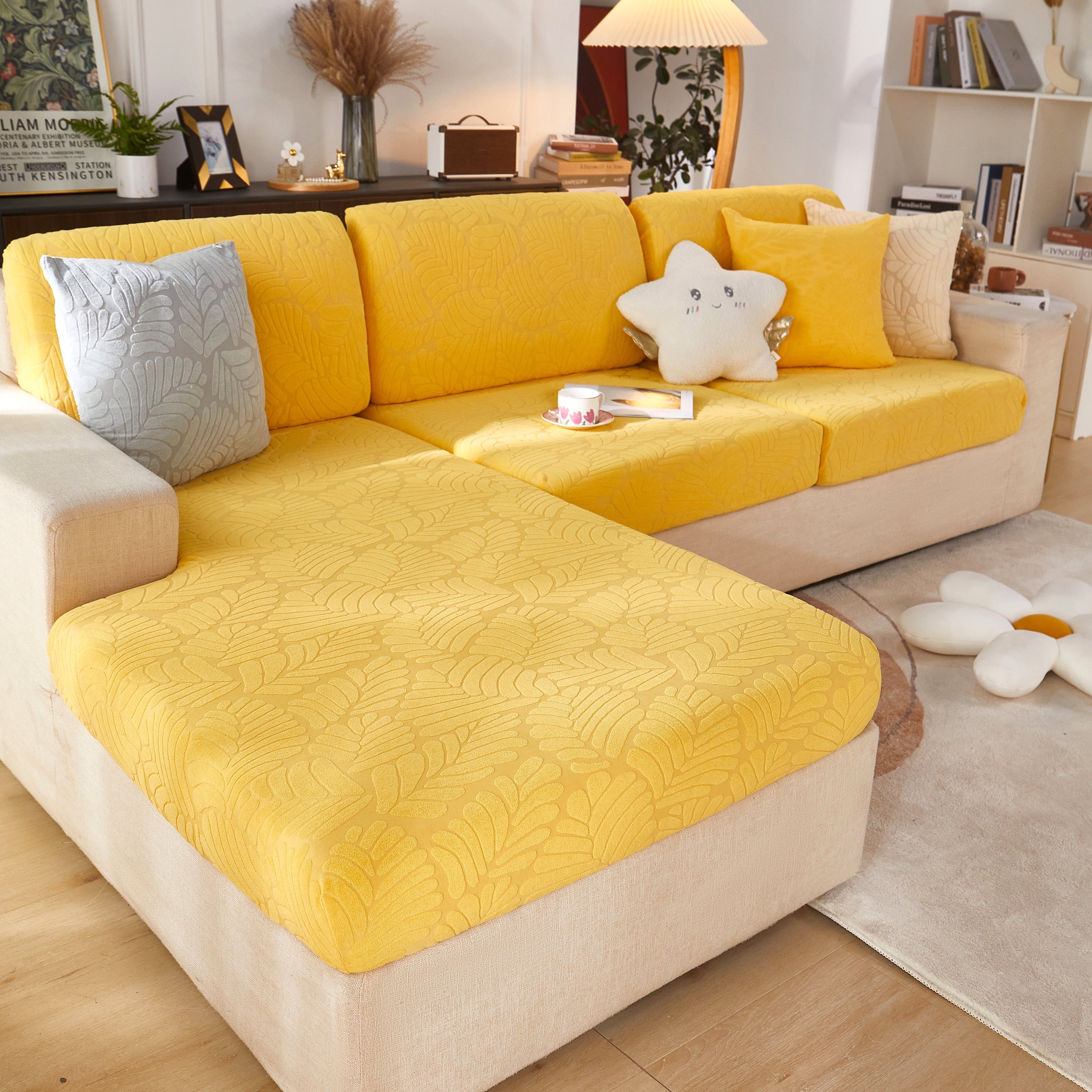 Leaf Pattern Jacquard Fabric Stretchable Cushion Cover, Non-slip Furniture Protector For Kids, L Shaped Couch Covers