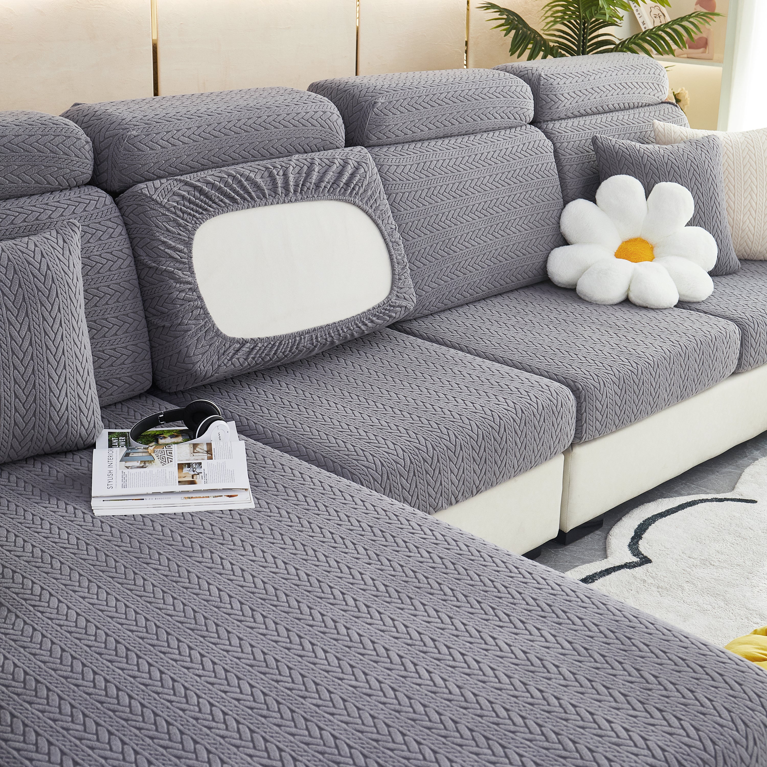 Stretchable Jacquard Polar Fleece Sofa Cover Non-slip Furniture Protector For Pets L-shaped Couch Slipcovers