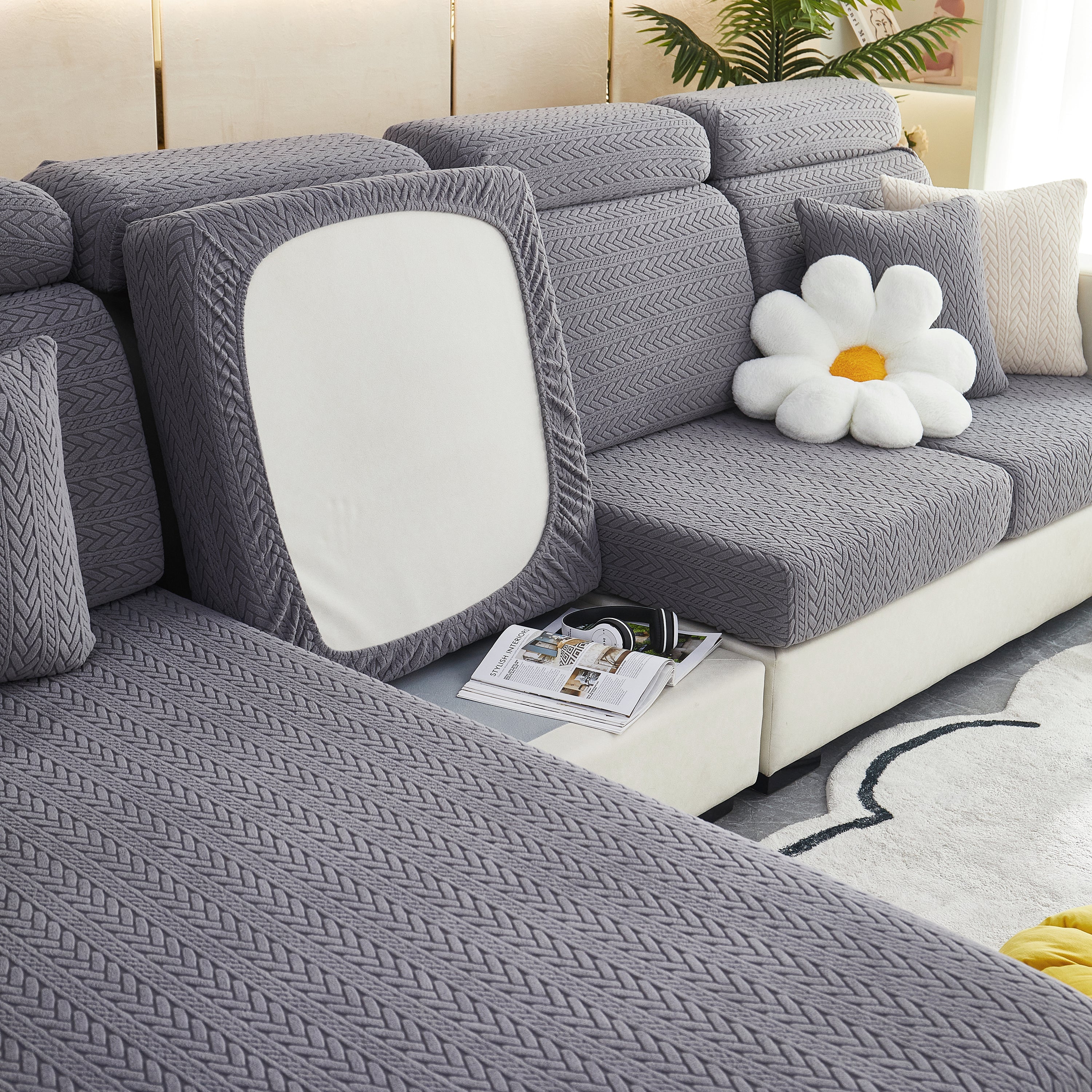 Stretchable Jacquard Polar Fleece Sofa Cover Non-slip Furniture Protector For Pets L-shaped Couch Slipcovers
