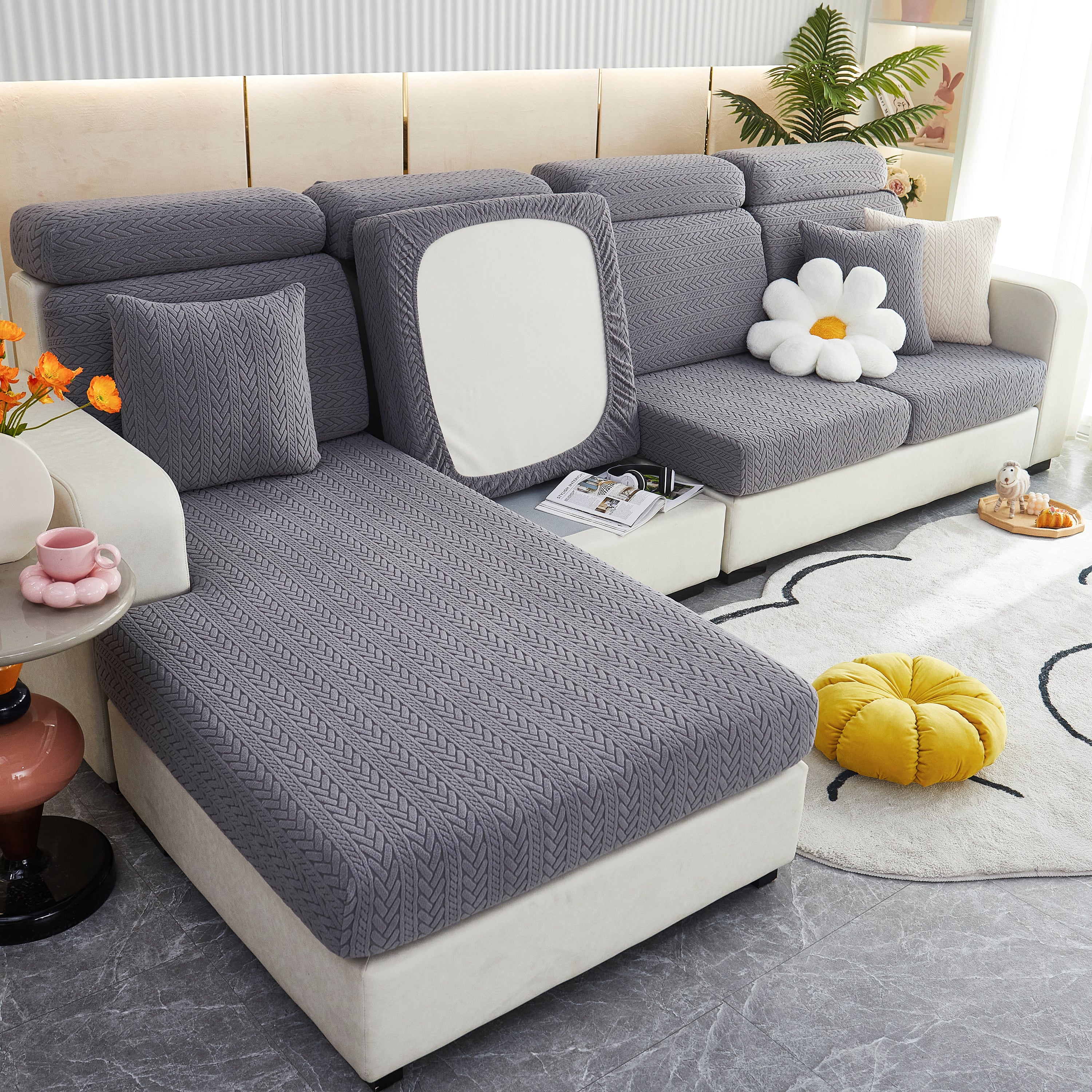 Stretchable Jacquard Polar Fleece Sofa Cover Non-slip Furniture Protector For Pets L-shaped Couch Slipcovers