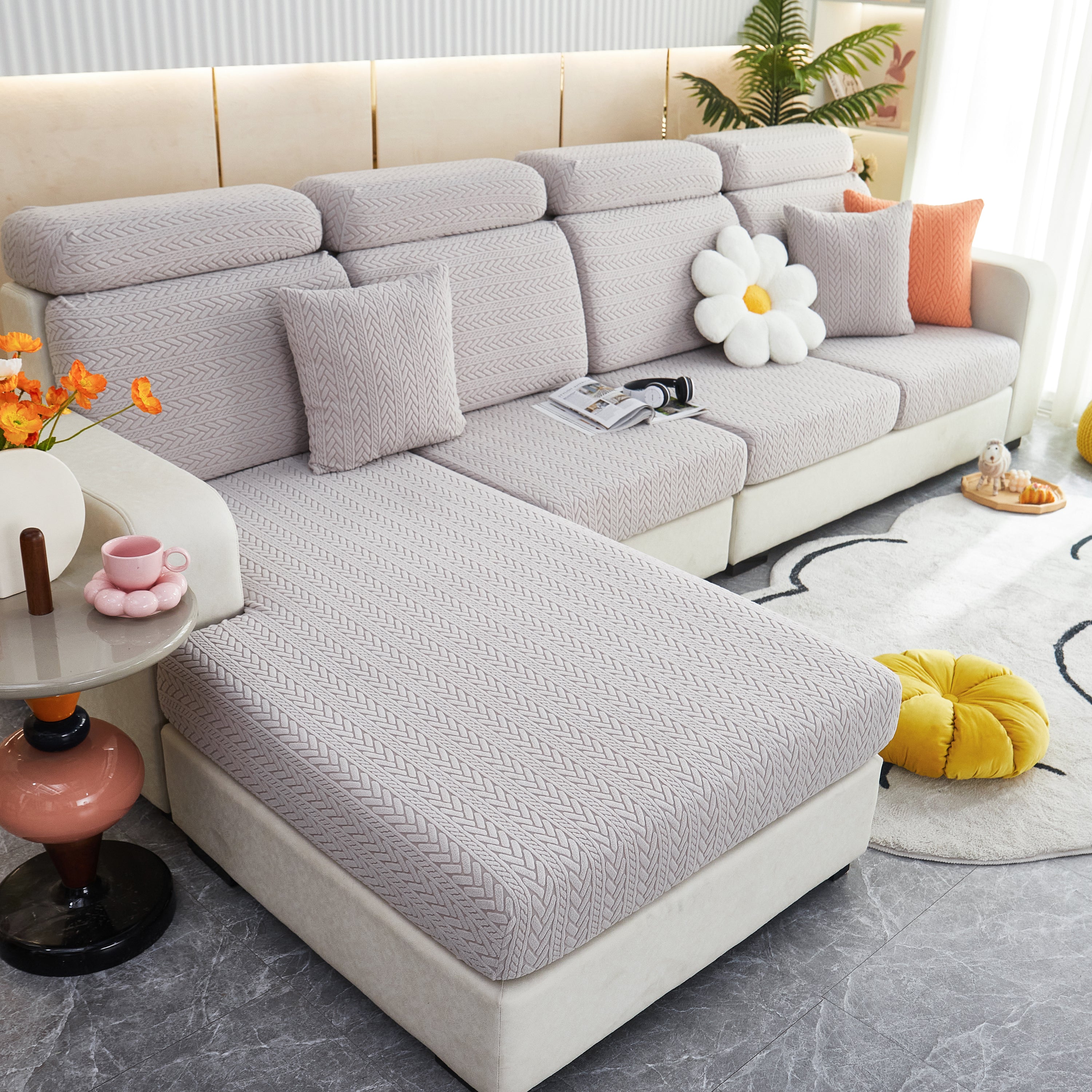 Stretchable Jacquard Polar Fleece Sofa Cover Non-slip Furniture Protector For Pets L-shaped Couch Slipcovers