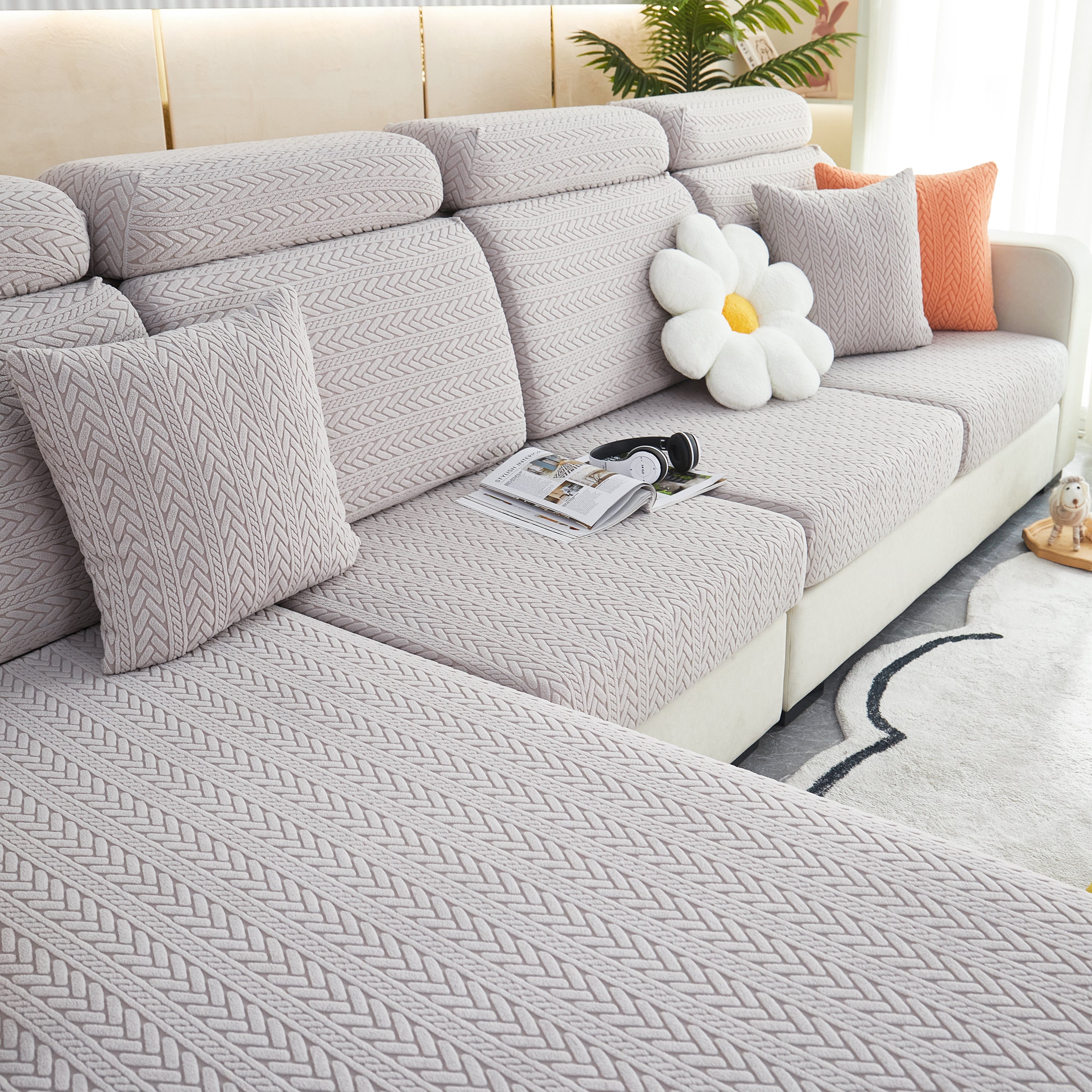 Stretchable Jacquard Polar Fleece Sofa Cover Non-slip Furniture Protector For Pets L-shaped Couch Slipcovers