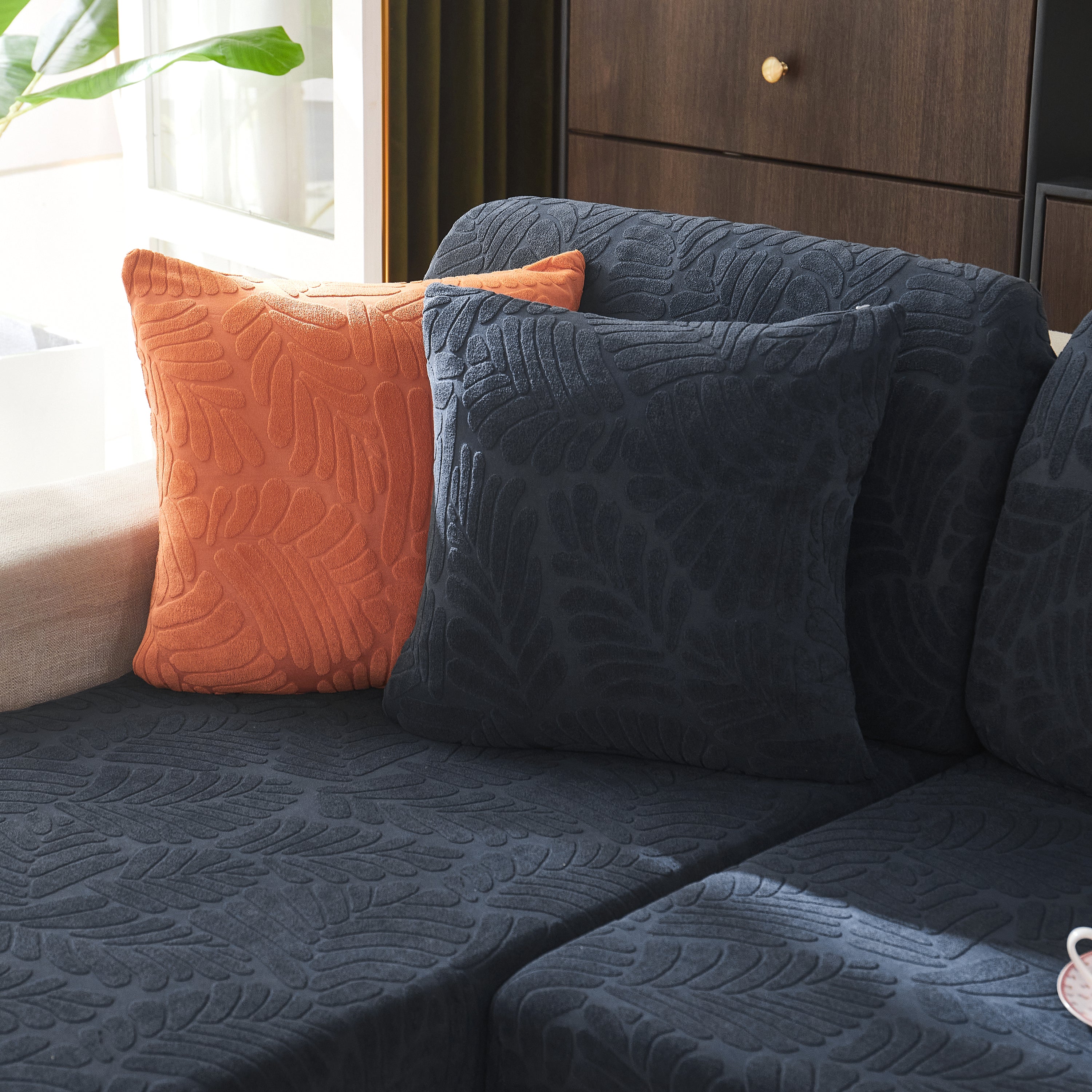 Leaf Pattern Jacquard Fabric Stretchable Cushion Cover, Non-slip Furniture Protector For Kids, L Shaped Couch Covers