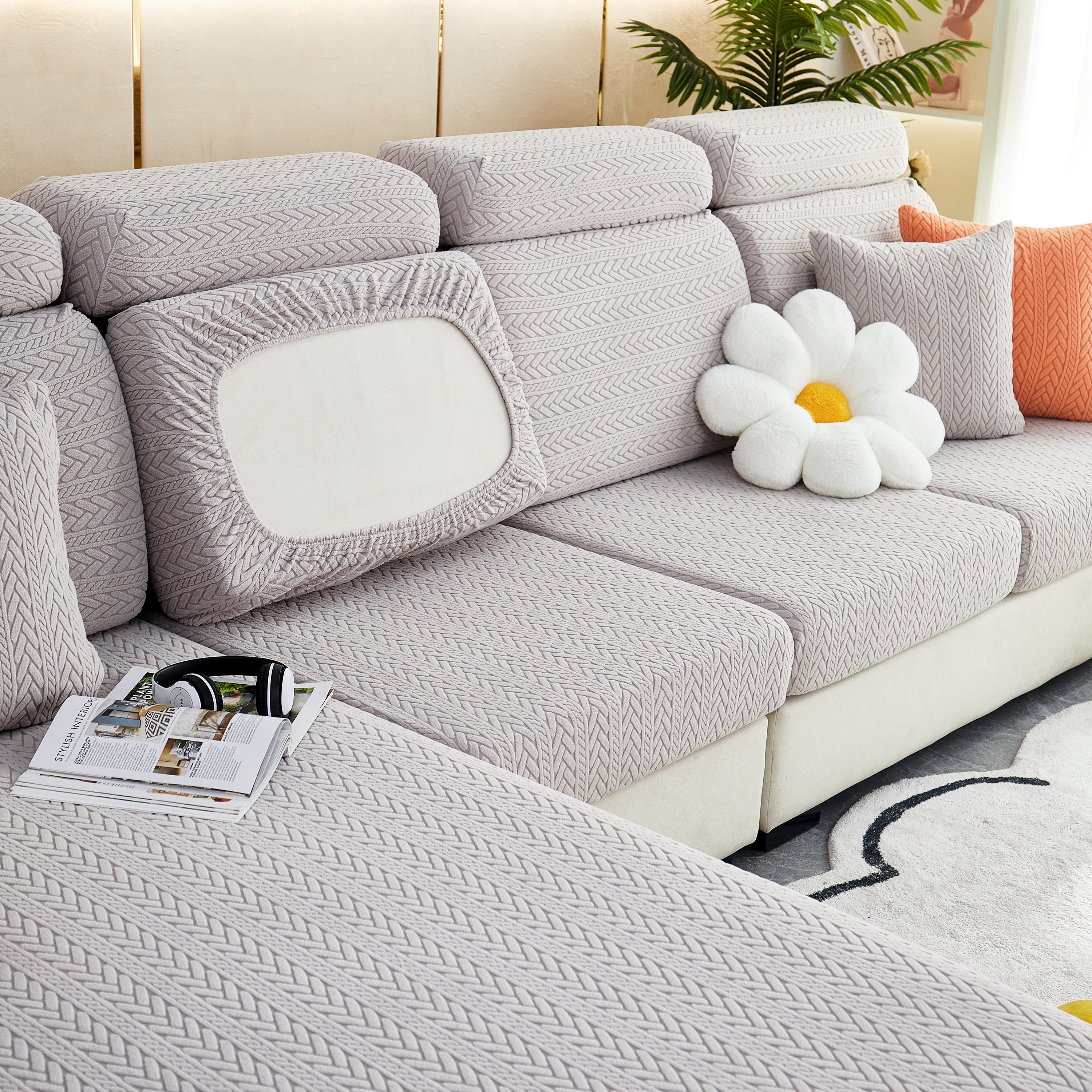 Stretchable Jacquard Polar Fleece Sofa Cover Non-slip Furniture Protector For Pets L-shaped Couch Slipcovers
