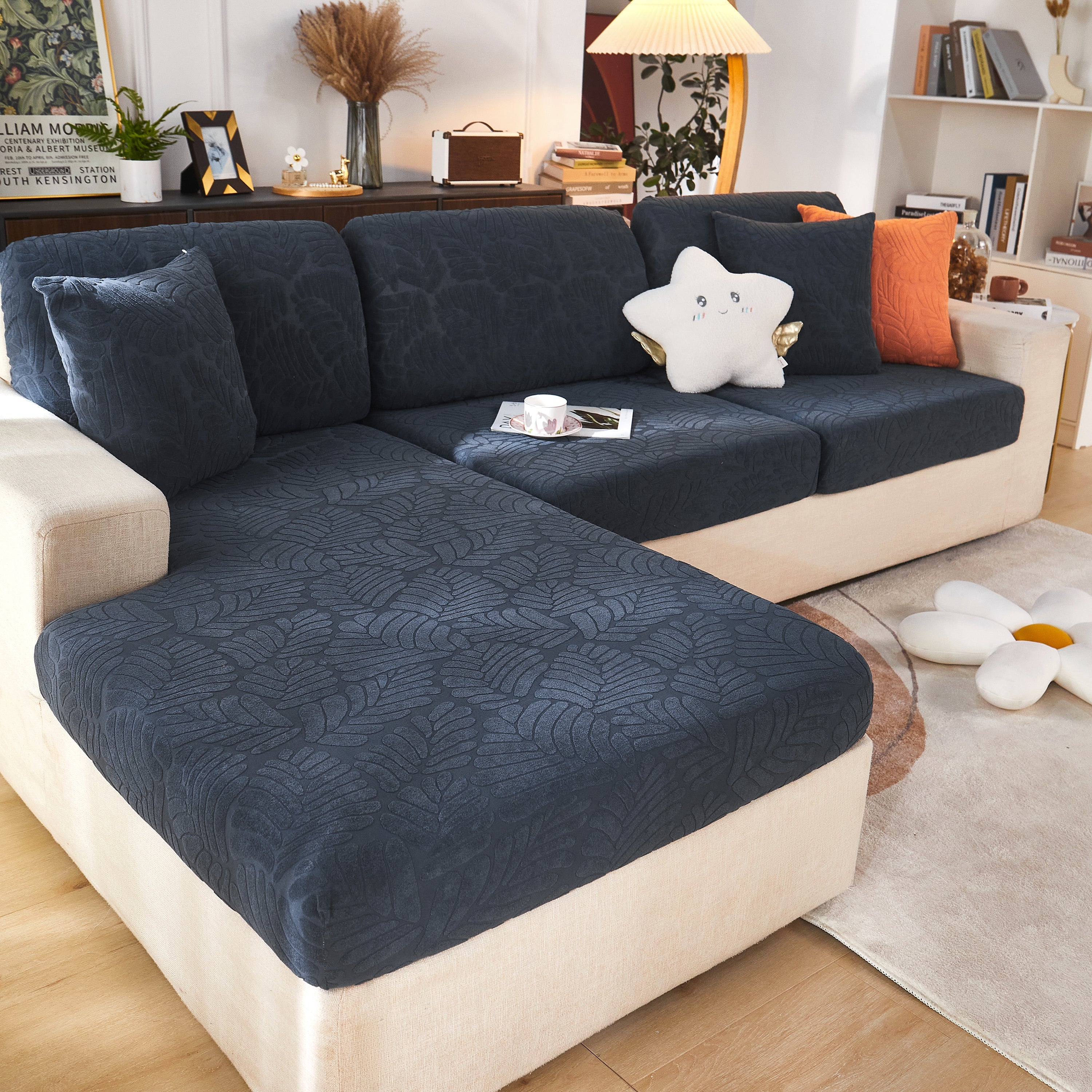Leaf Pattern Jacquard Fabric Stretchable Cushion Cover, Non-slip Furniture Protector For Kids, L Shaped Couch Covers