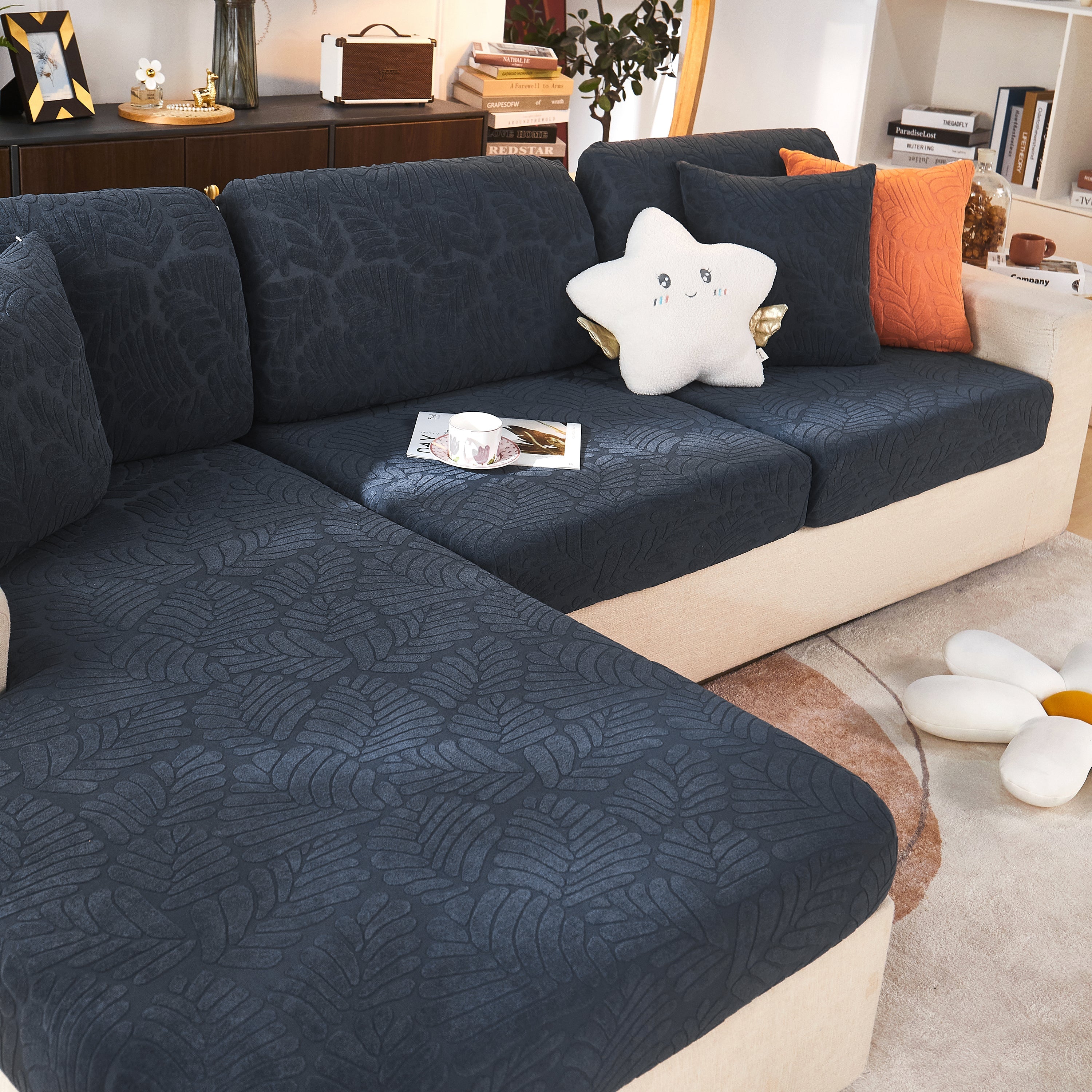 Leaf Pattern Jacquard Fabric Stretchable Cushion Cover, Non-slip Furniture Protector For Kids, L Shaped Couch Covers